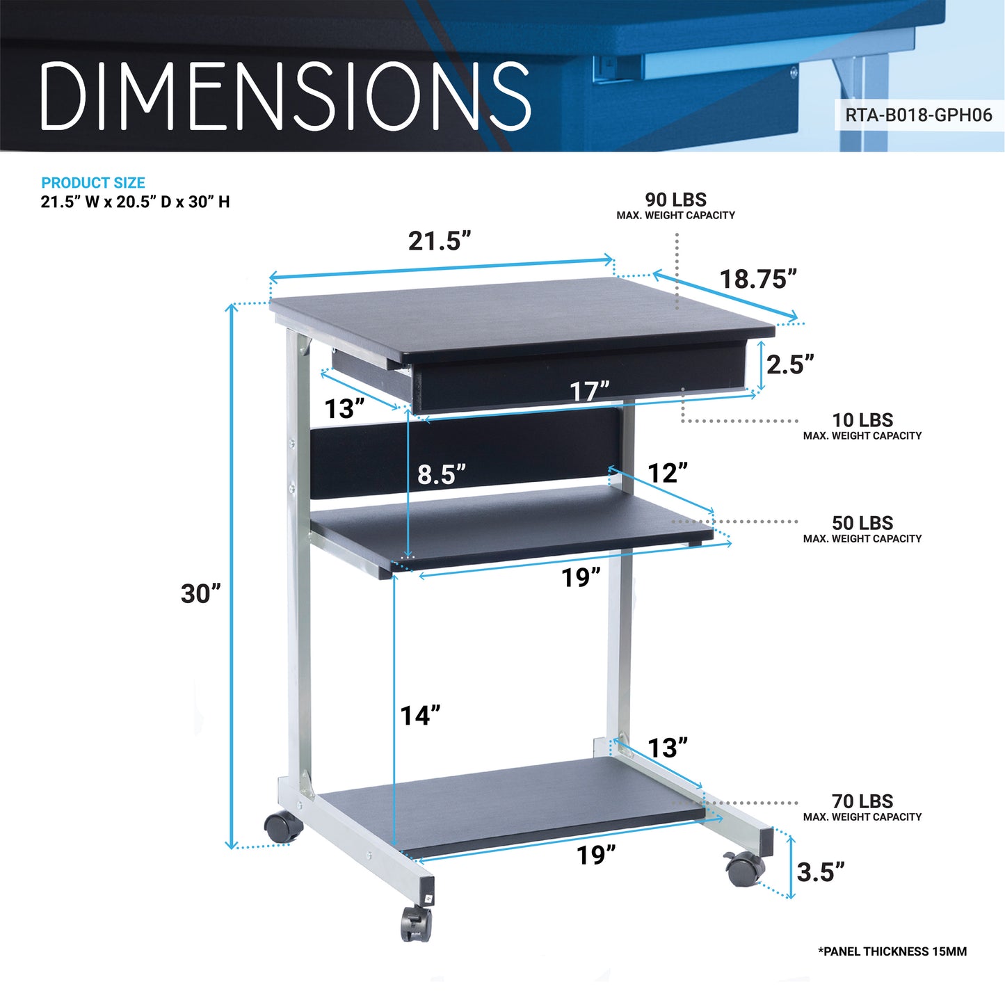 Rolling Laptop Cart with Storage in Graphite