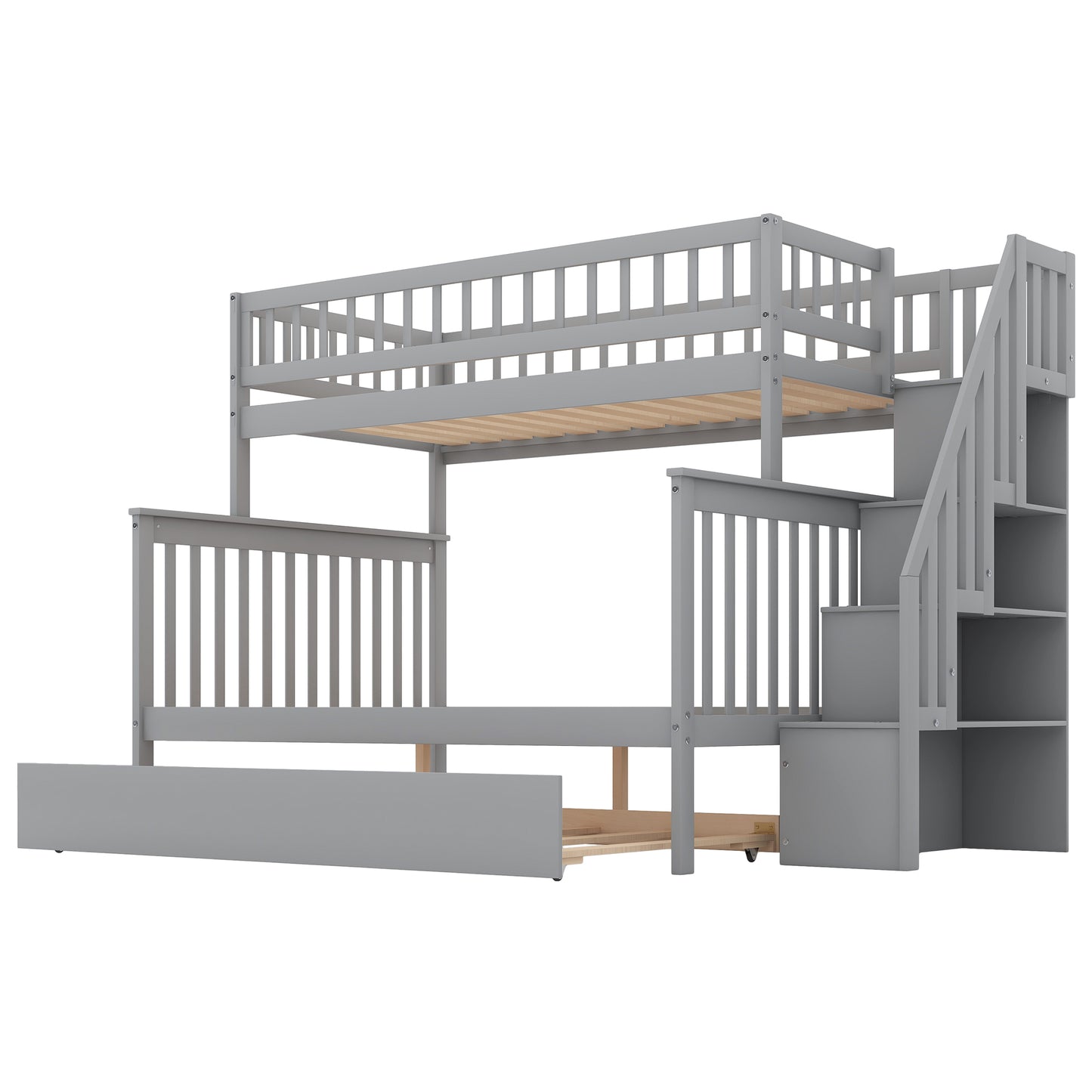 Gray Twin over Full Bunk Bed Set with Trundle, Staircase, and Storage