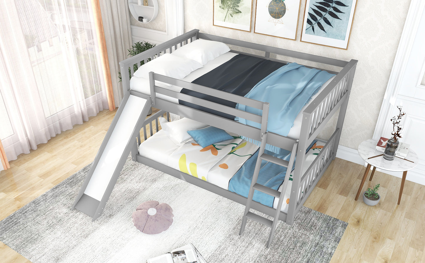 Gray Full Bunk Bed with Slide, Reversible Ladder, and Modern Design