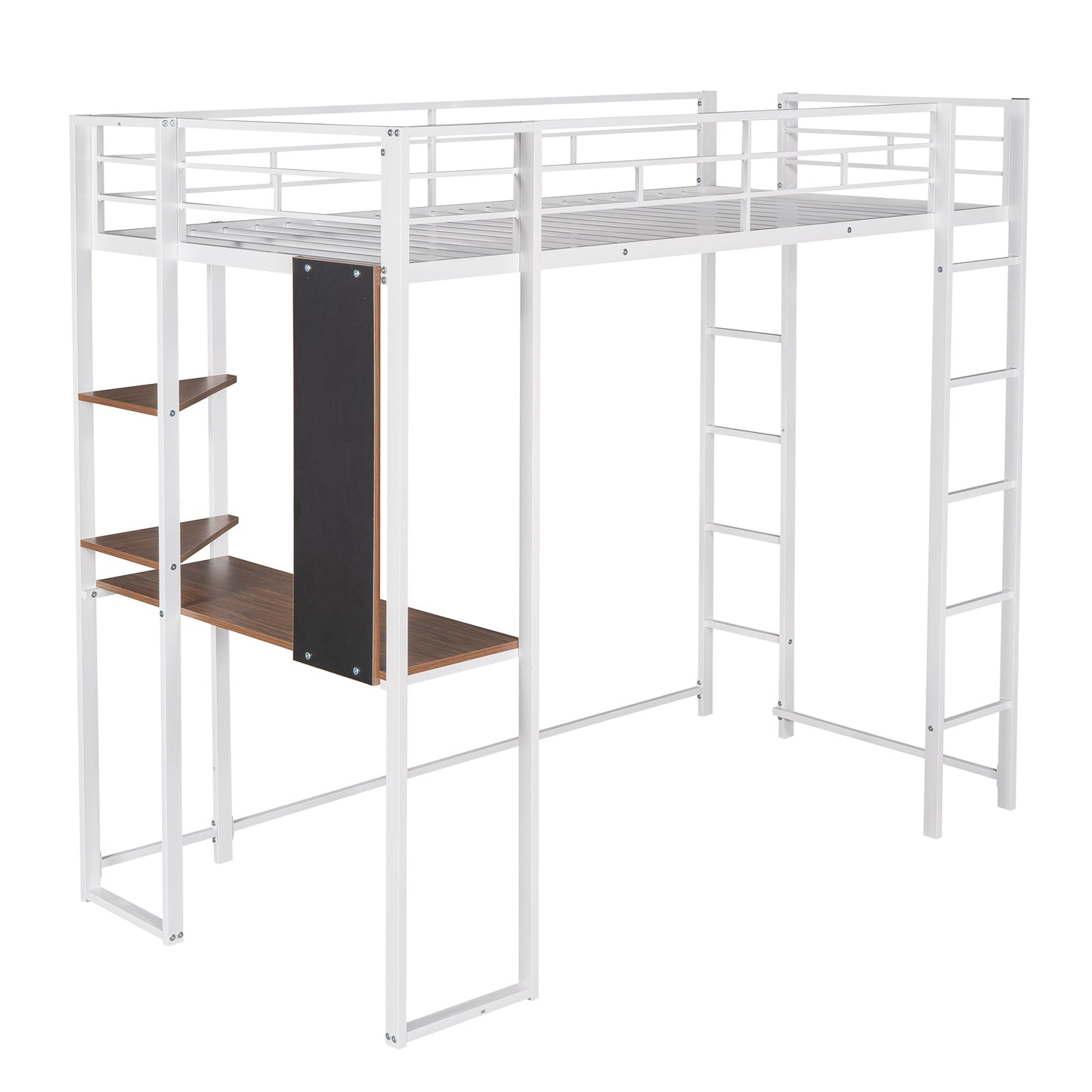 Twin Metal Loft Bed with 2 Shelves and one Desk ,WHITE(: MF281206AAK)