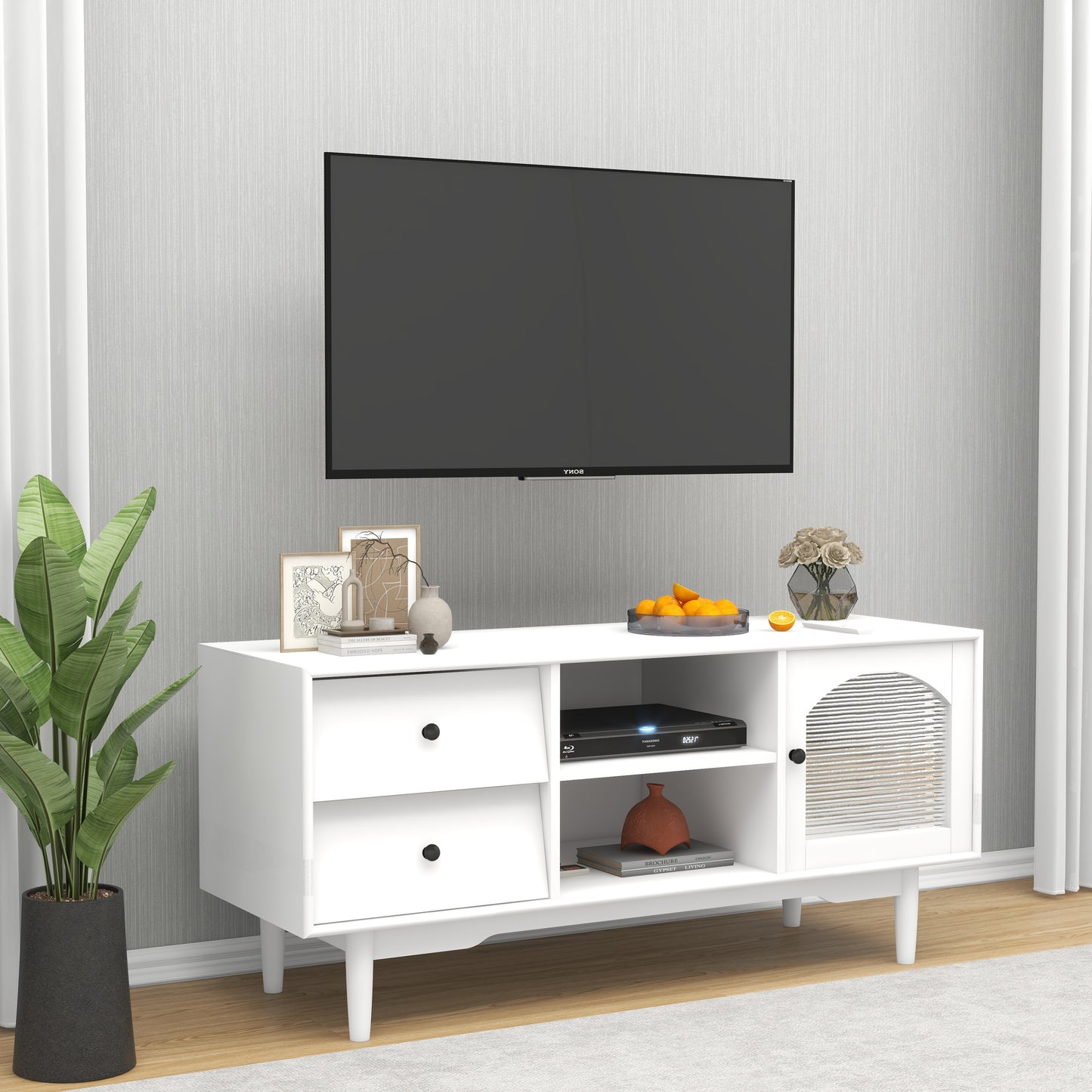 White TV Stand with Drawers, Shelves, and Glass Cabinet for Living Room Storage