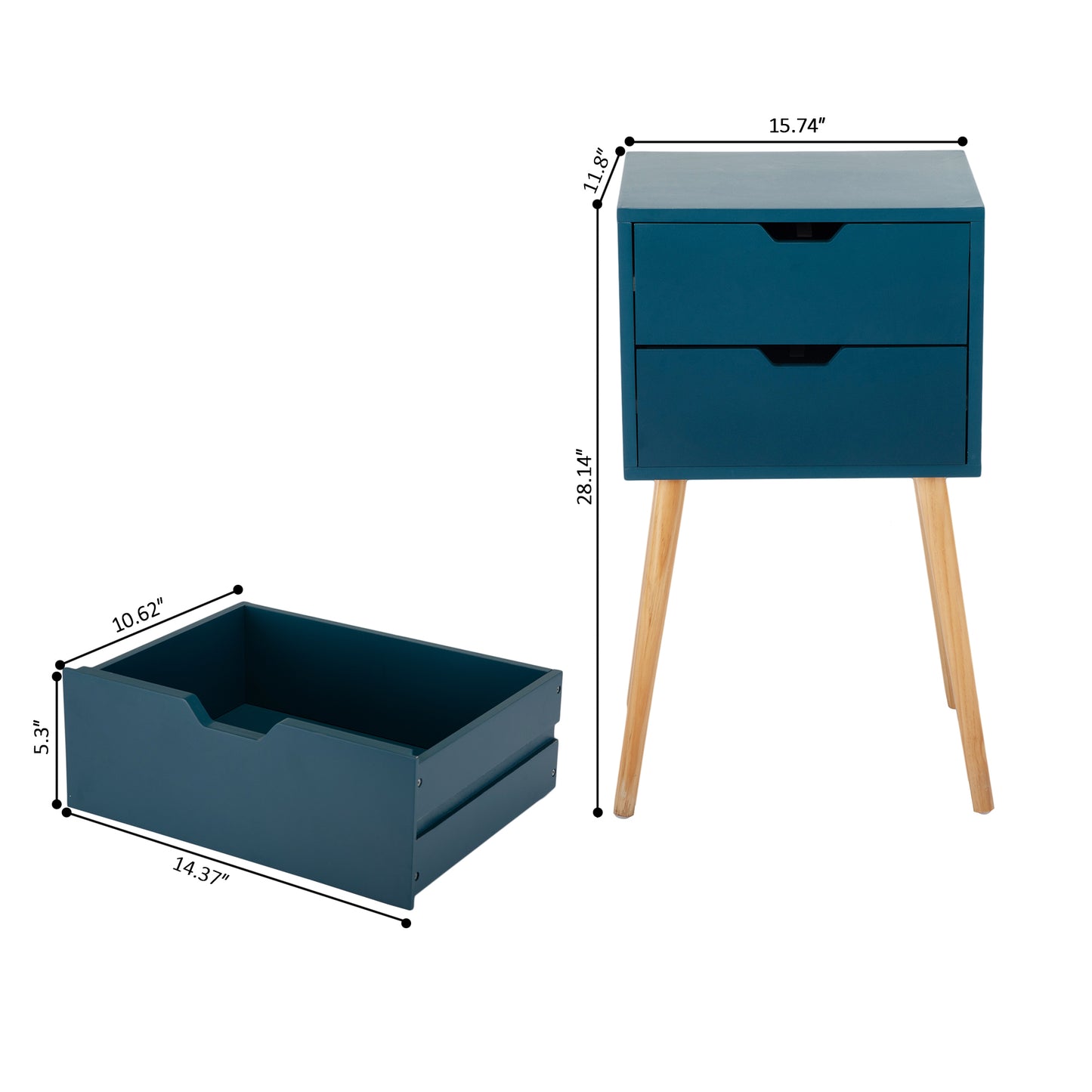 Set of 2 Nightstand with 2 Drawers, Mid Century Wood Bedside Table for Bedrooms Living Rooms, Sofa Side End Table, Blue