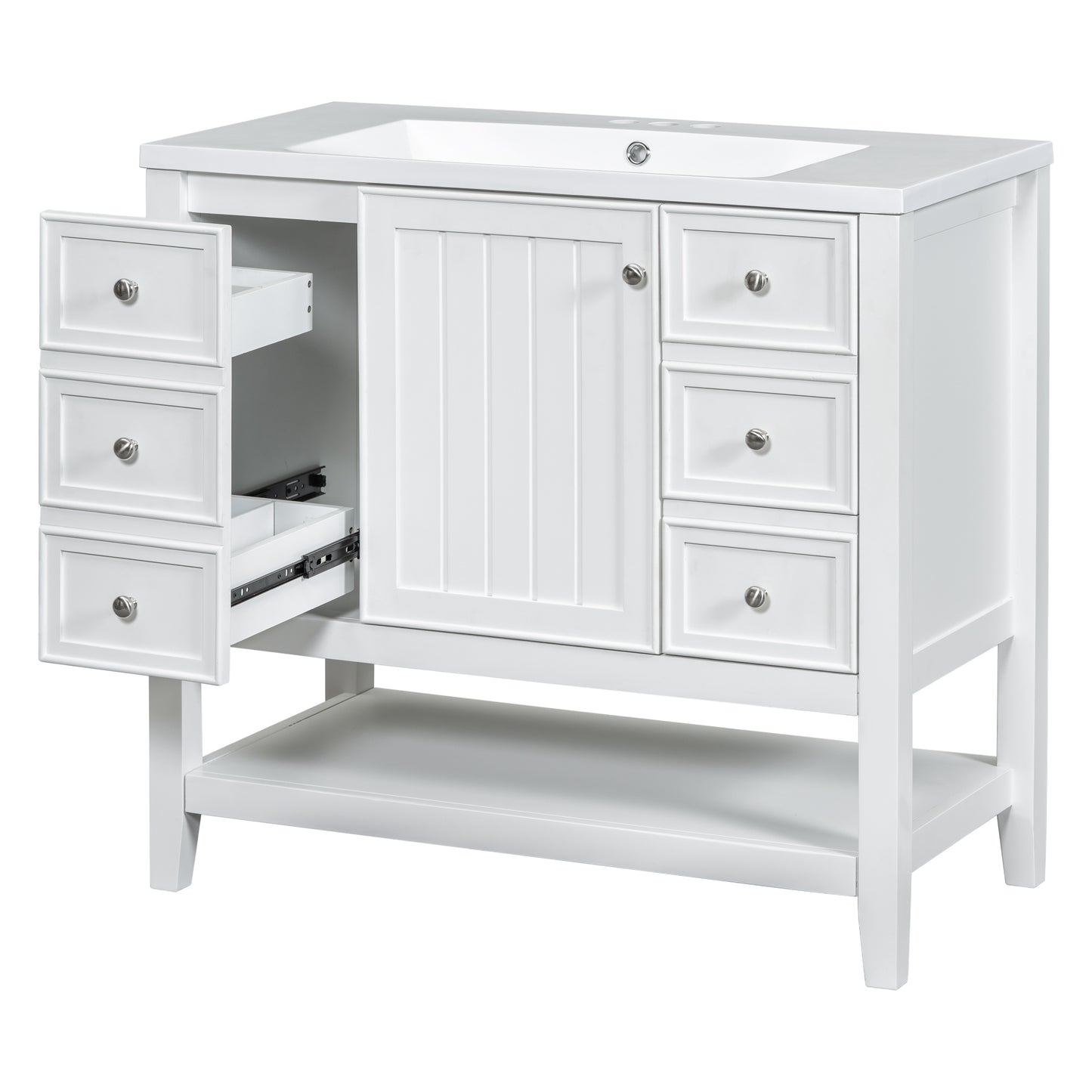 36" Bathroom Vanity with Sink Combo, One Cabinet and Three Drawers, Solid Wood and MDF Board, White