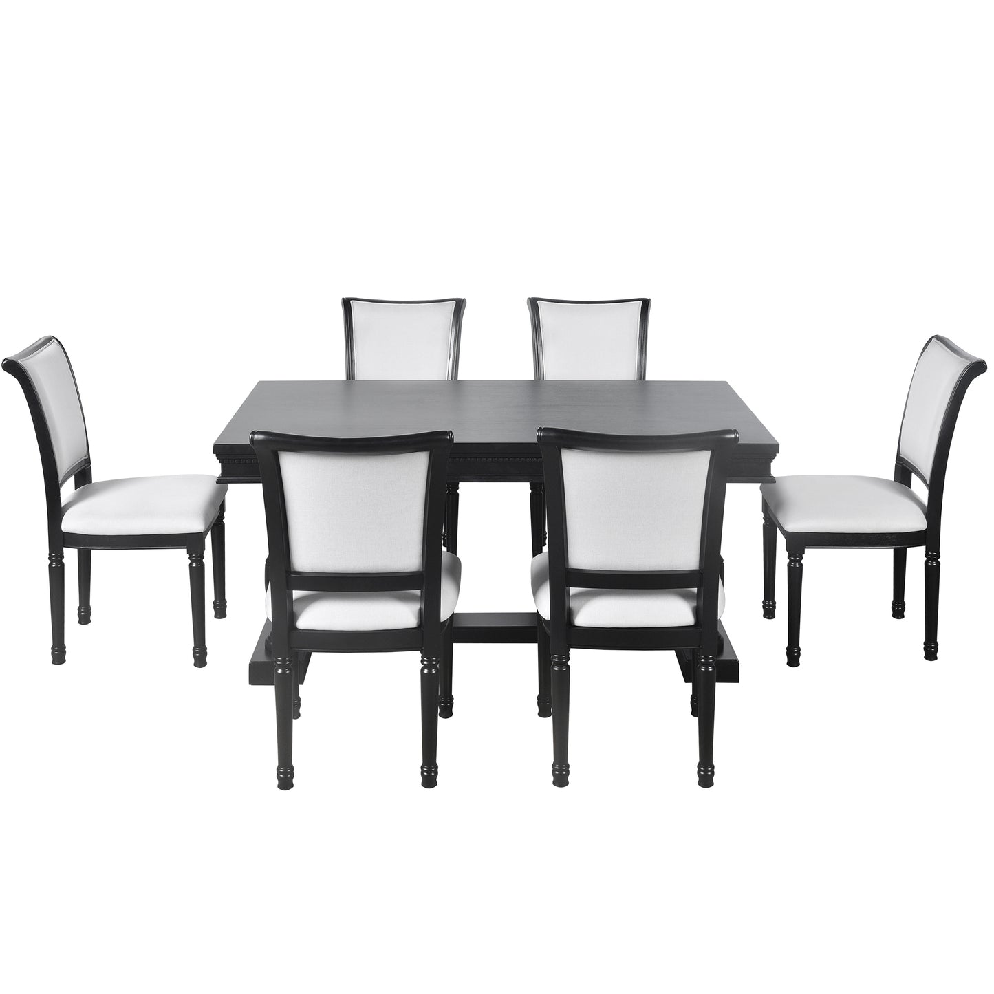 TREXM 7-Piece Dining Table with 4 Trestle Base and 6 Upholstered Chairs with Slightly Curve and Ergonomic Seat Back (Black)