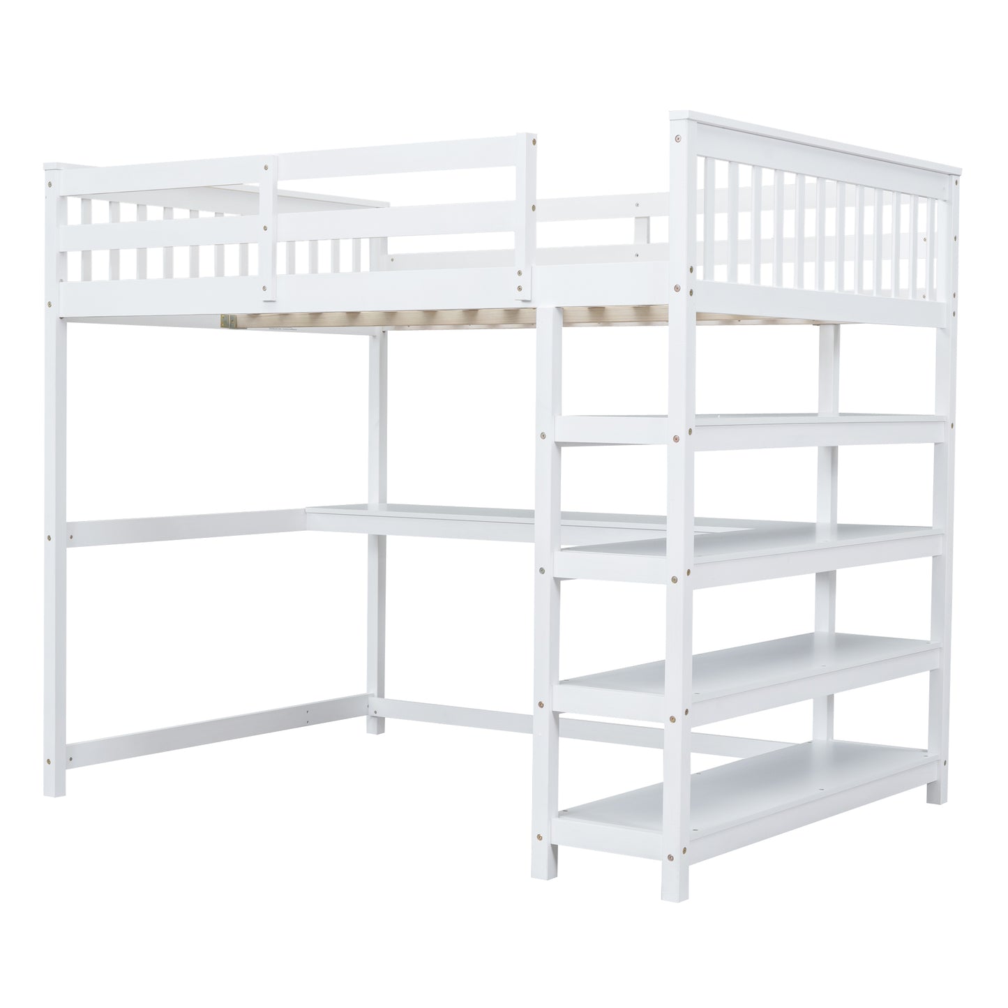 Full Size Loft Bed with Storage Shelves and Under-bed Desk, White