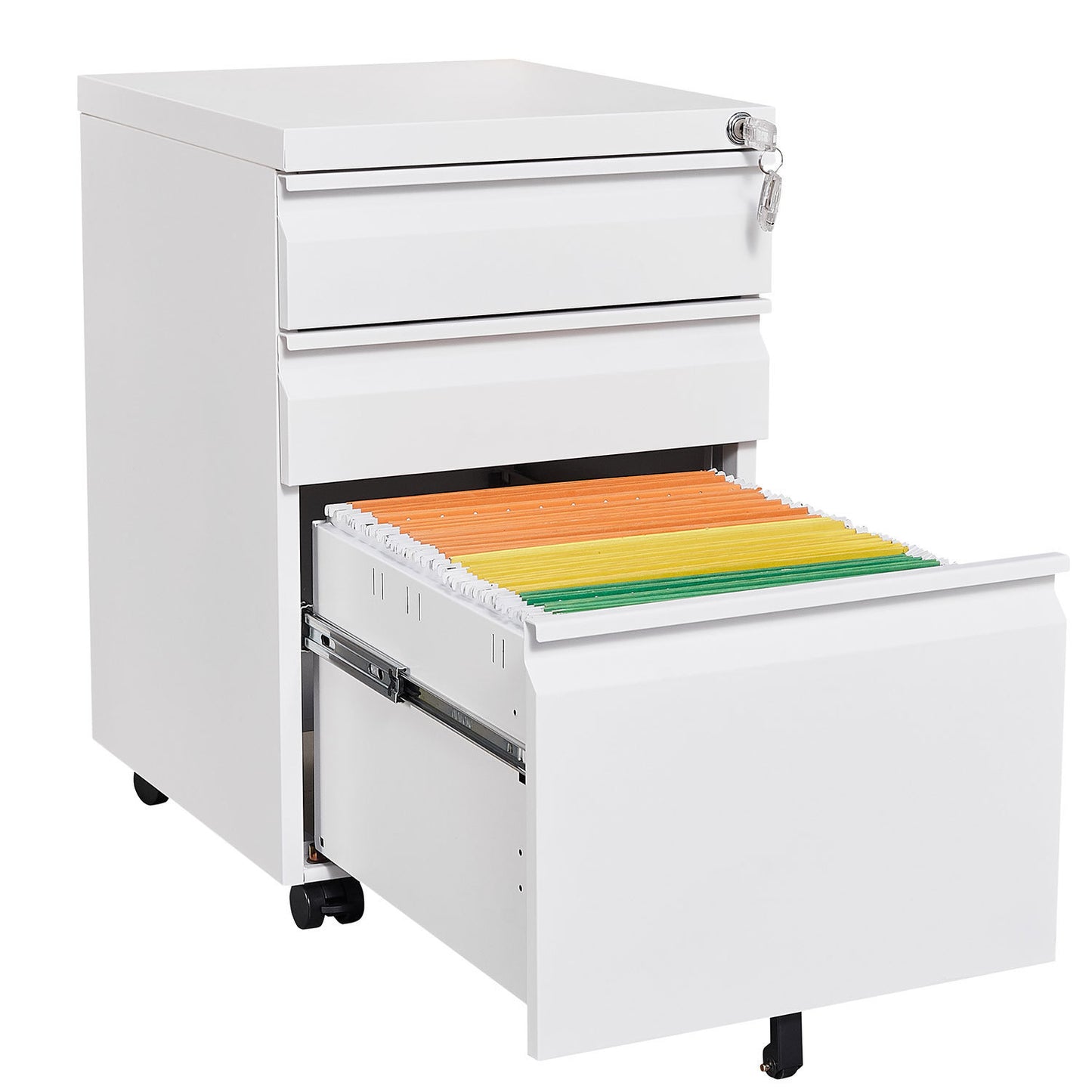 Mobile 3-Drawer Filing Cabinet with Lock, White Metal Office Storage for Legal/Letter Size Files