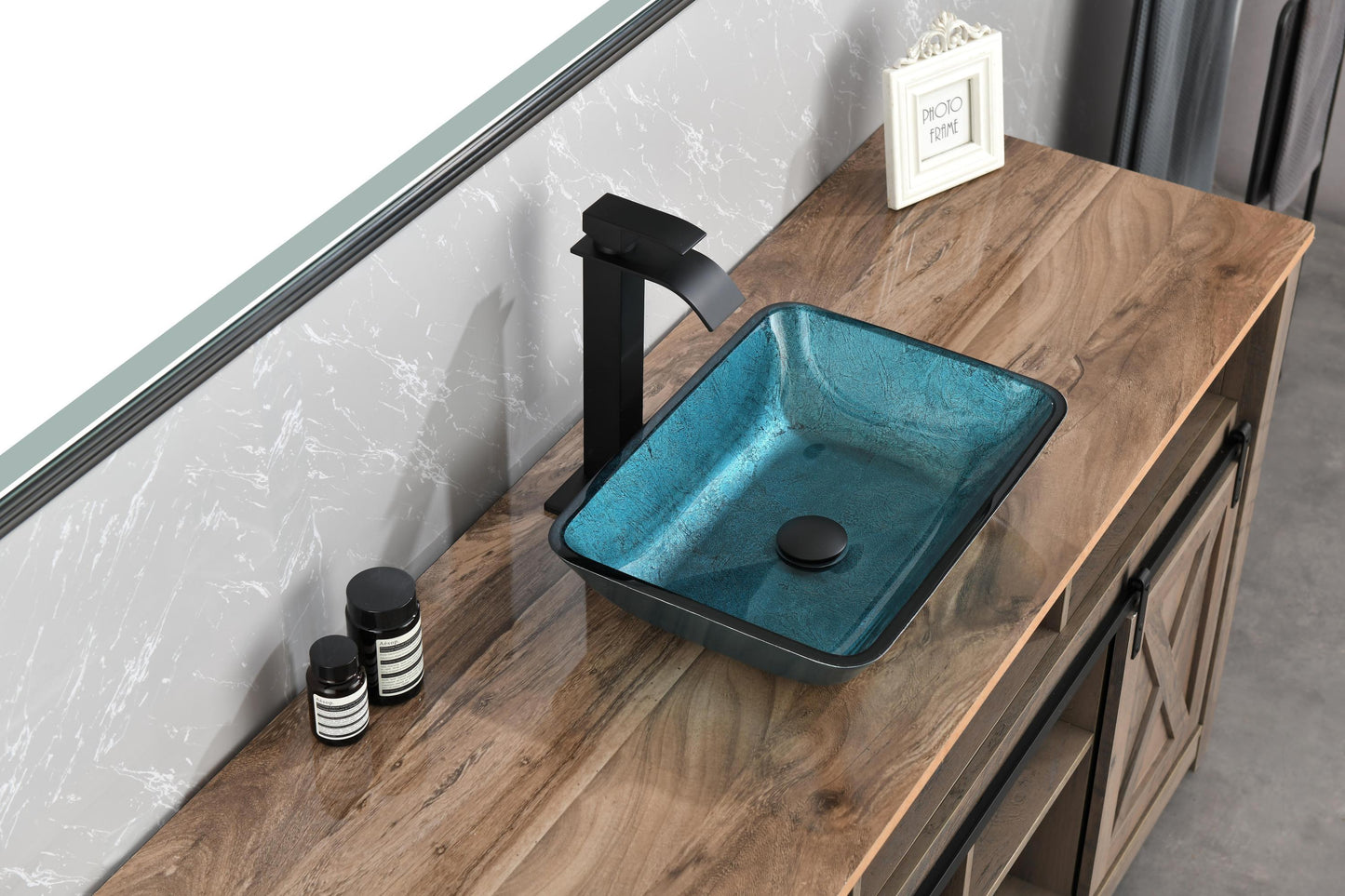 Handcrafted Blue Glass Rectangular Vessel Sink Set with Matte Black Faucet and Pop-Up Drain