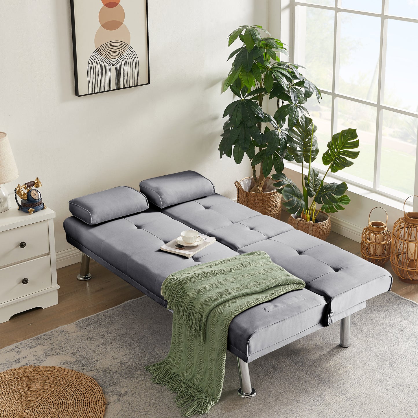 Convertible Upholstered Futon Sofa Bed with Removable Armrests and Cupholders