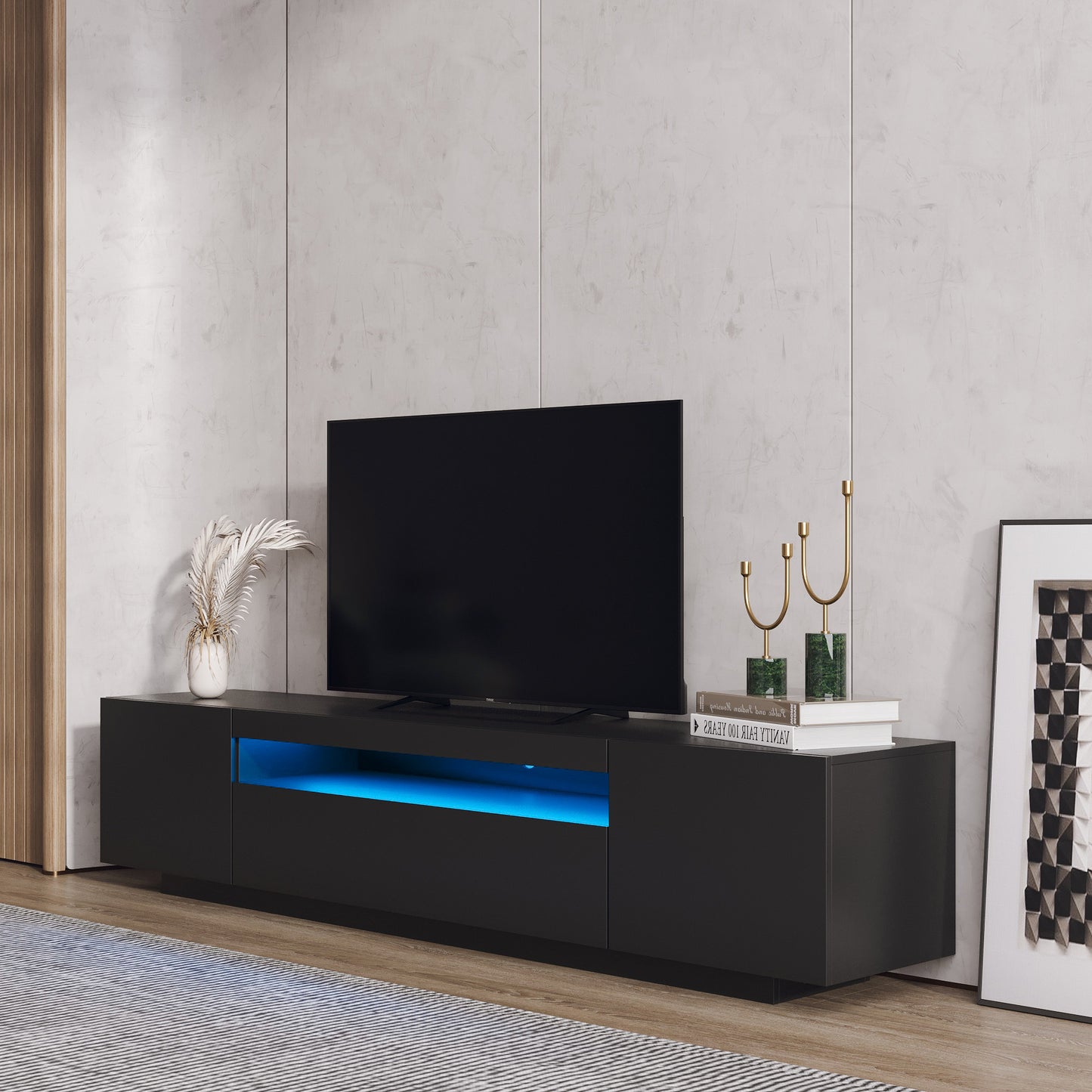 Sleek Black TV Stand with LED Lights and Storage Drawers