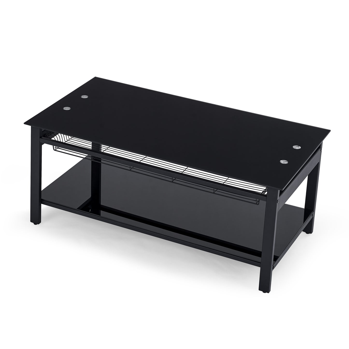 Black Lift Coffee Table with Hidden Storage Shelves and Tempered Glass Top Dining Table