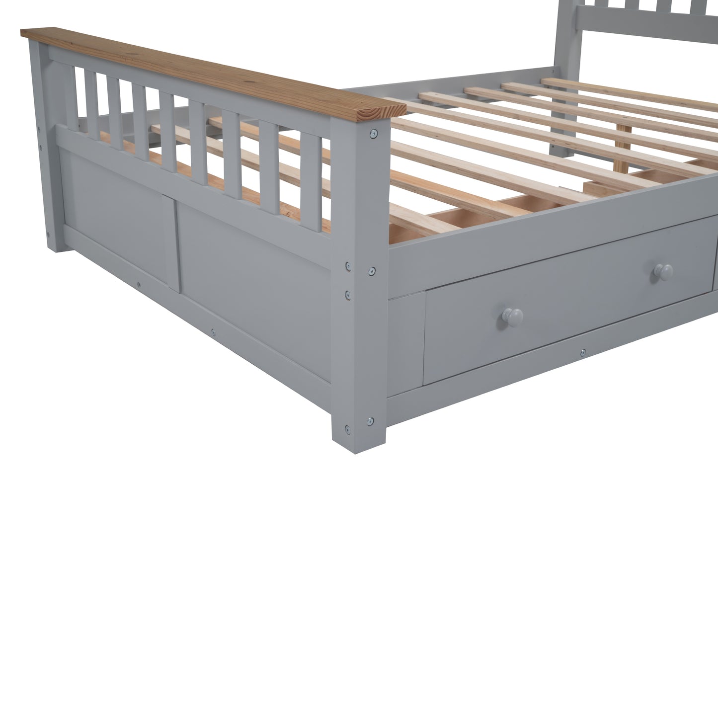 Full Size Wood Platform Bed with Two Drawers and Wooden Slat Support,Gray+Natrual