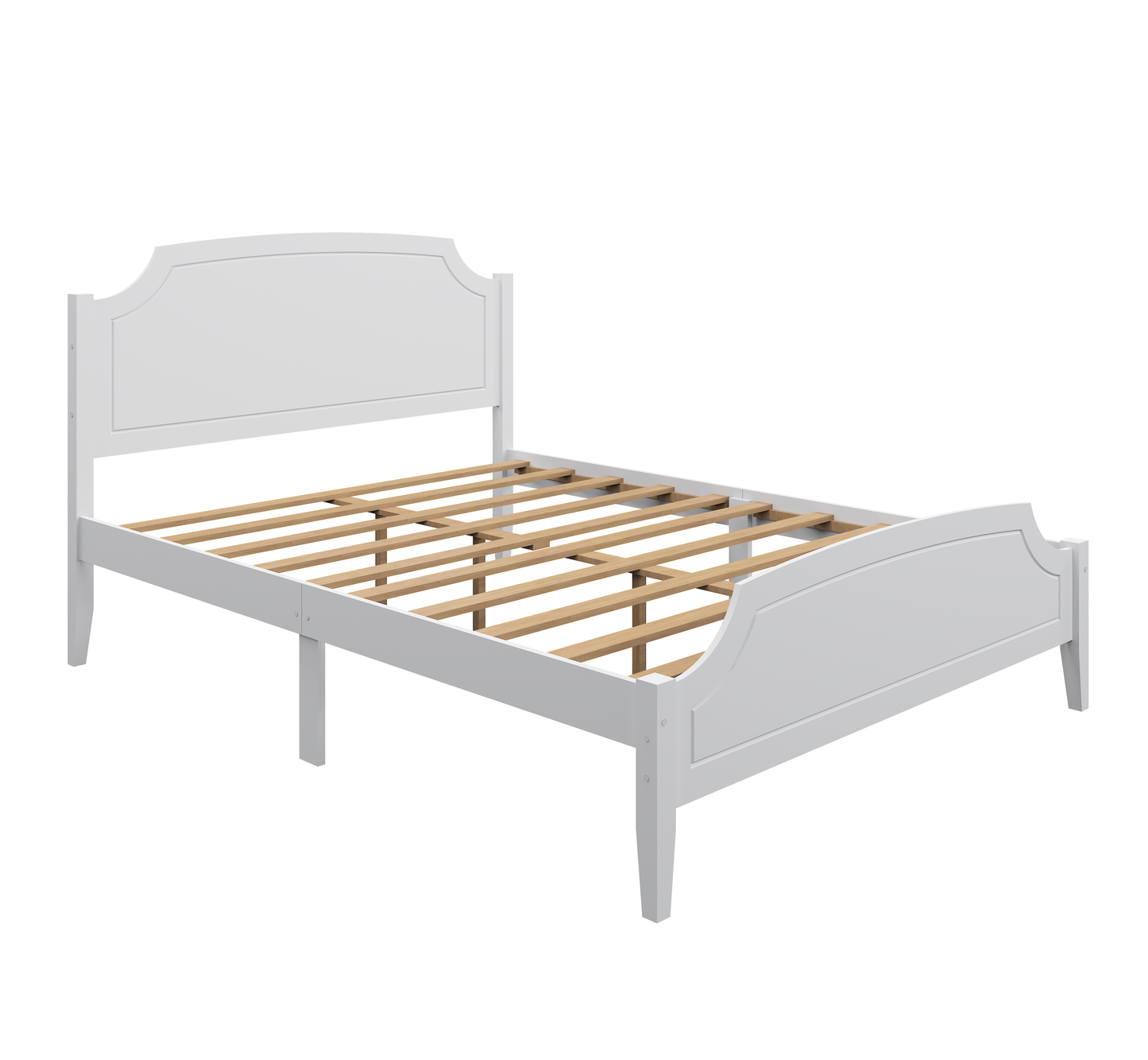 White Contemporary Roman Style, Solid Wood Bed, Queen Size Bed Frame, No Box Spring Needed, Paint Sprayed Finishing