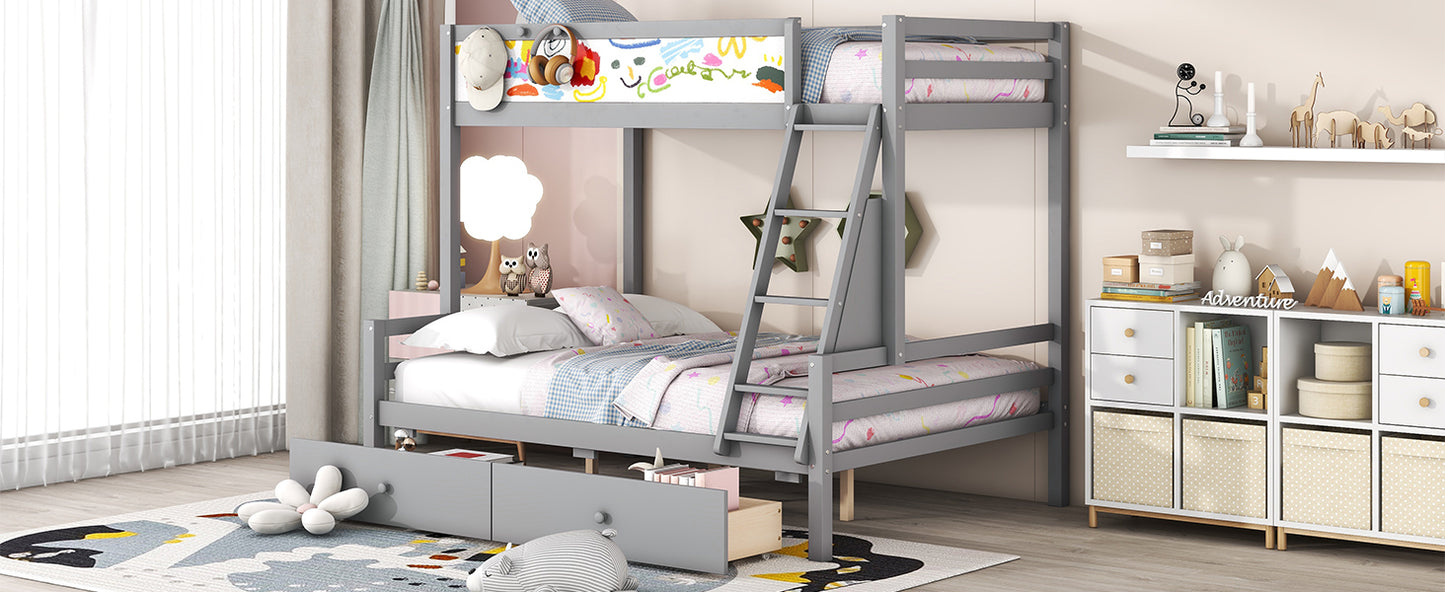 Grey Wood Twin over Full Bunk Bed with Whiteboard, 3 Hooks, and 2 Drawers - Innovative Storage Solution Twin over Full Bunk Bed