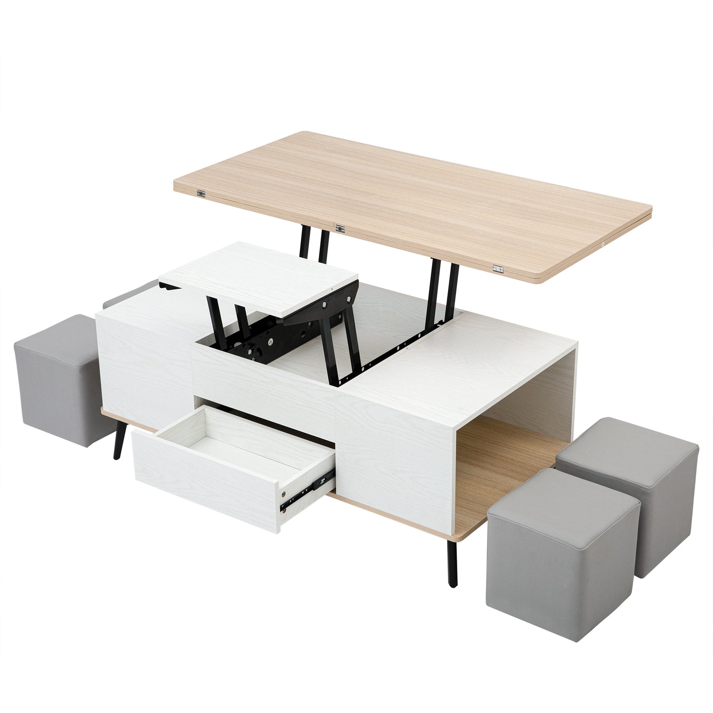 Convertible 5-Piece Lift Top Coffee Table Set with Ottoman Storage and Dining Function