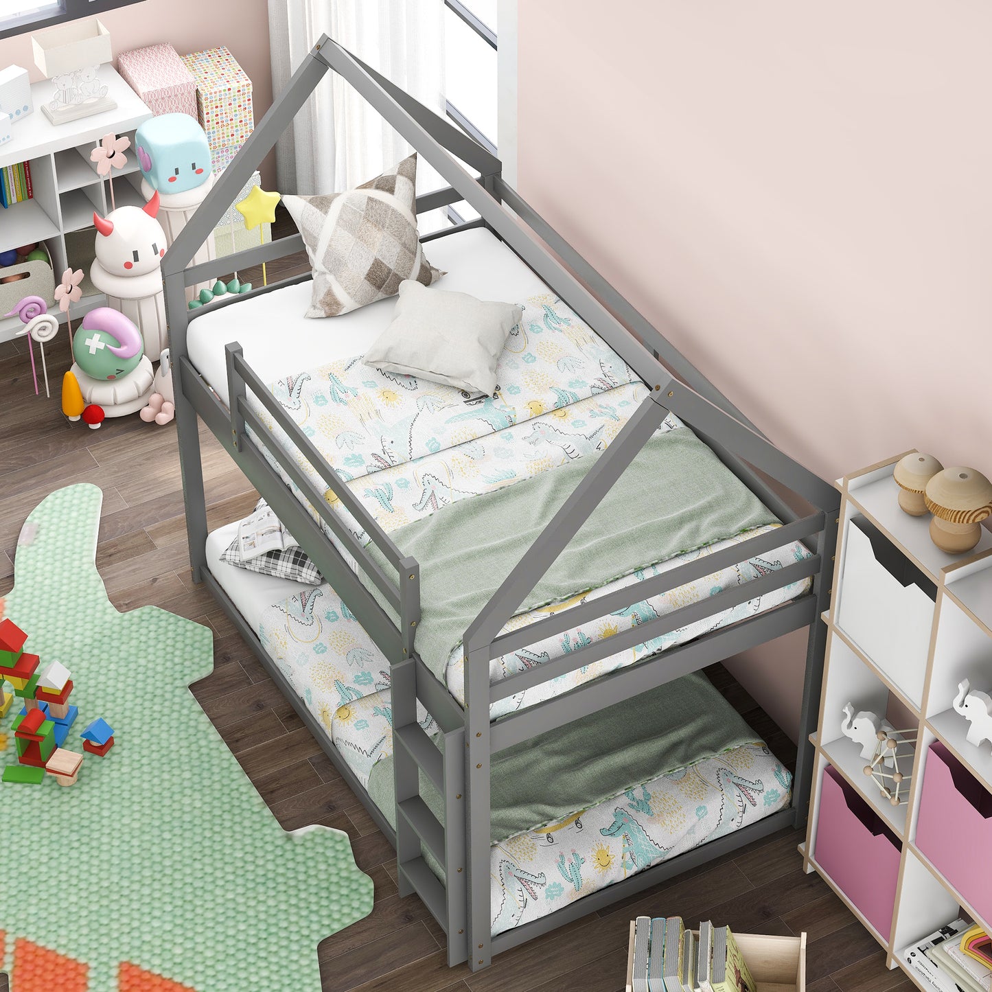 Gray House-Shaped Twin Over Twin Low Bunk Bed