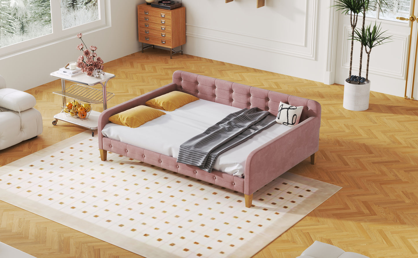 Full Size Upholstered Daybed with 4 Support Legs,Pink