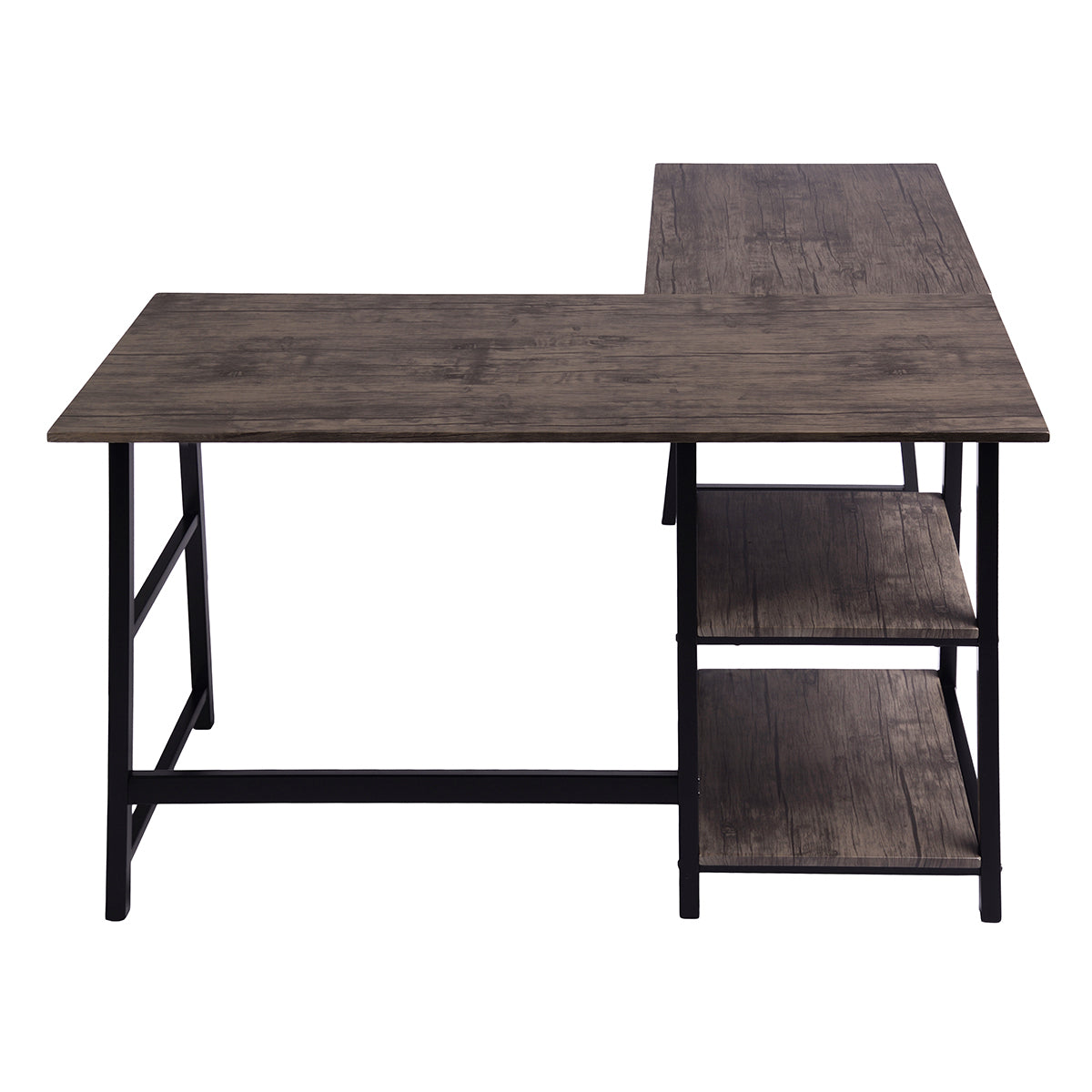 Rustic Vintage Brown L-Shaped Industrial Computer Desk with Open Shelves