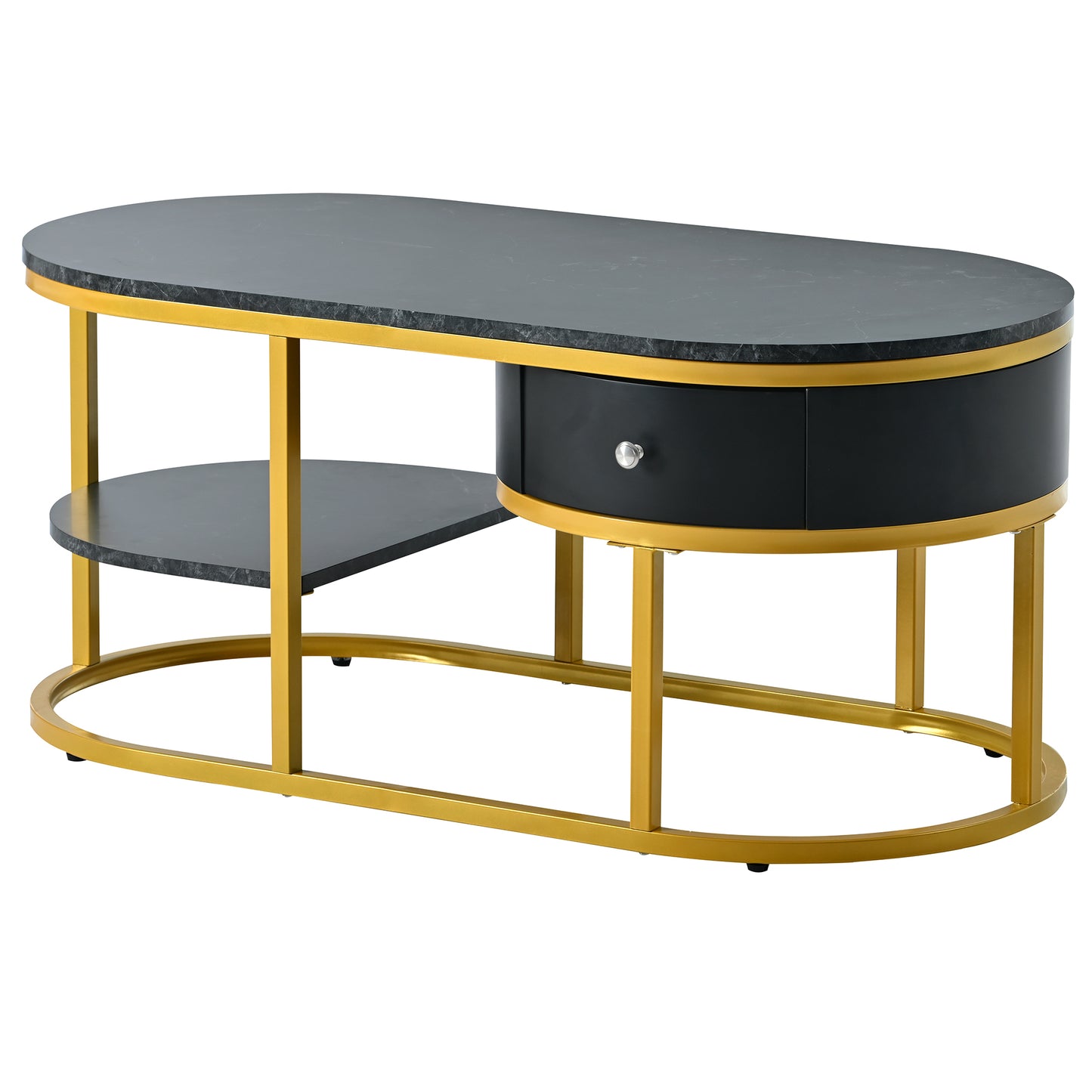 Golden Marble Coffee Table with Metal Frame, Drawers & Shelves for Living Room