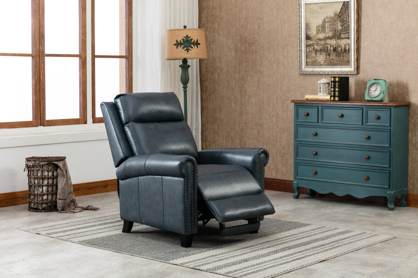 Luxurious Navy Genuine Leather Manual Recliner