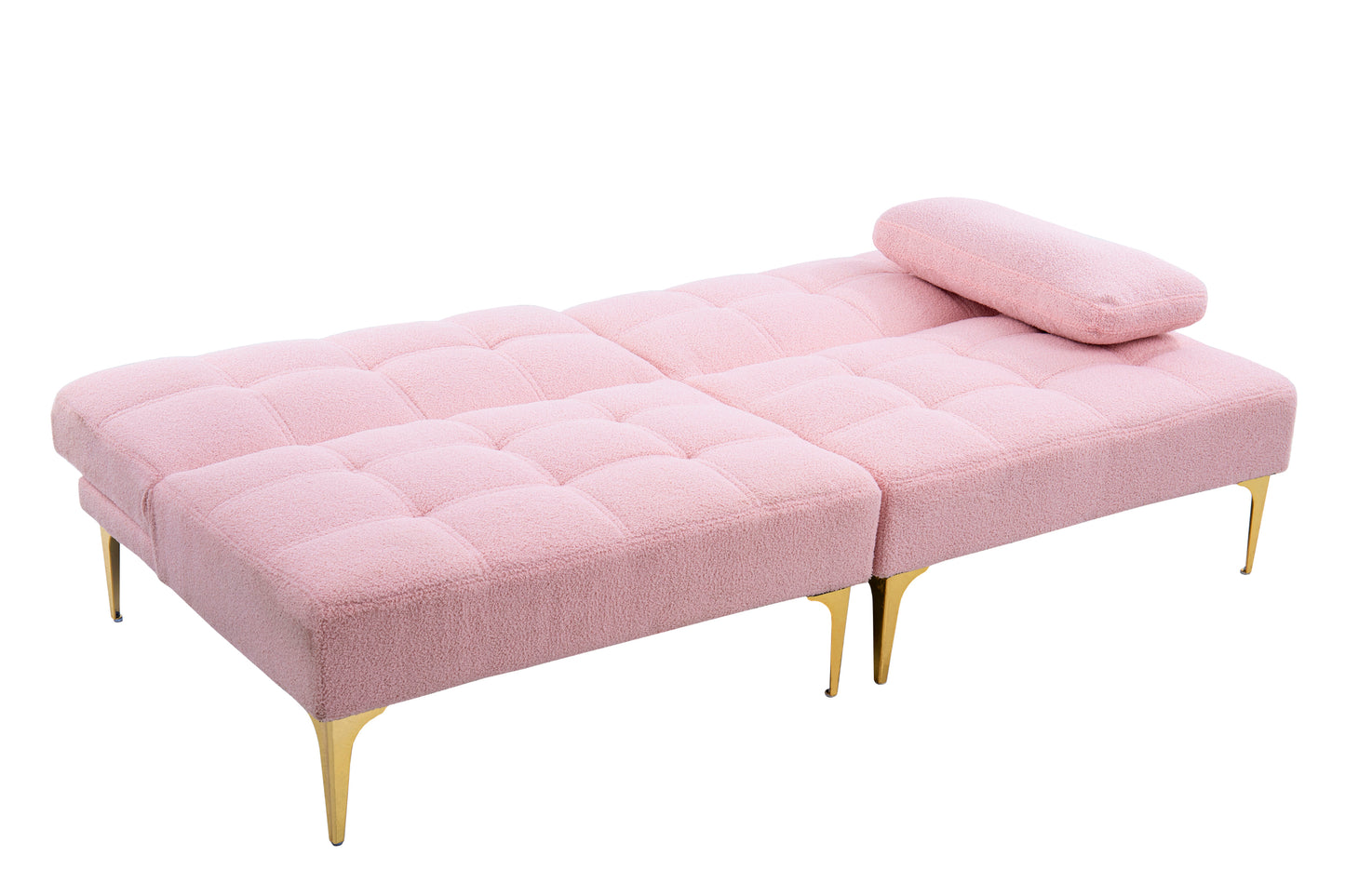 Convertible Pink Teddy Fabric Sofa Bed with Gold Metal Legs