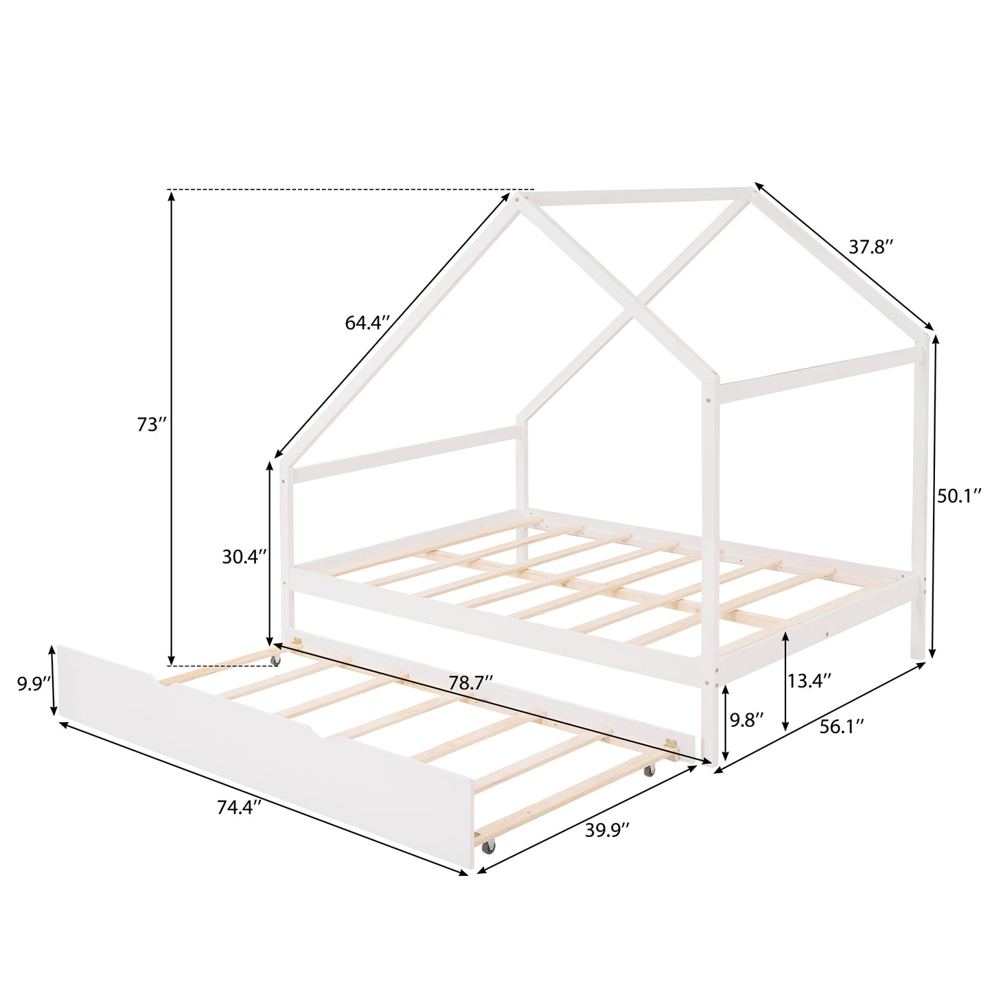 Full Size Wooden House Bed With Twin Size Trundle, White