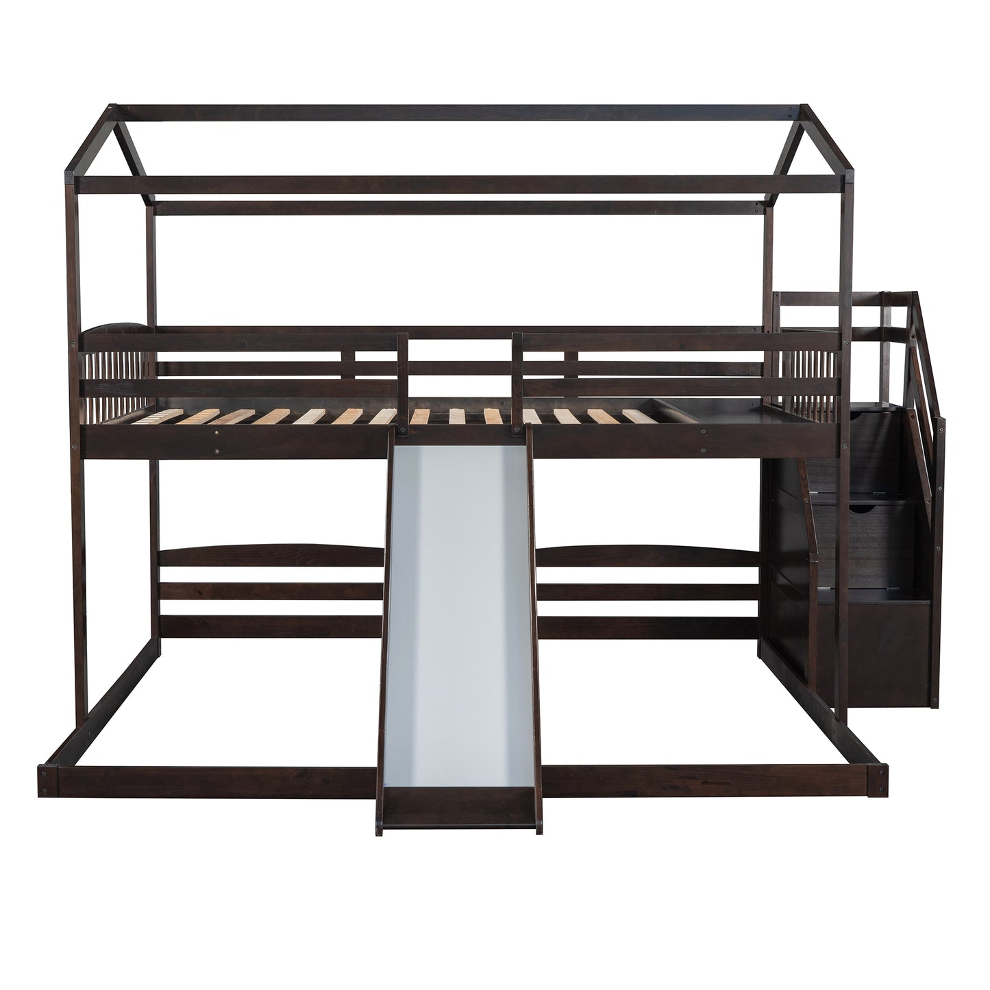 Versatile Full over Twin & Twin Bunk Bed in Espresso with Slide and Storage Staircase