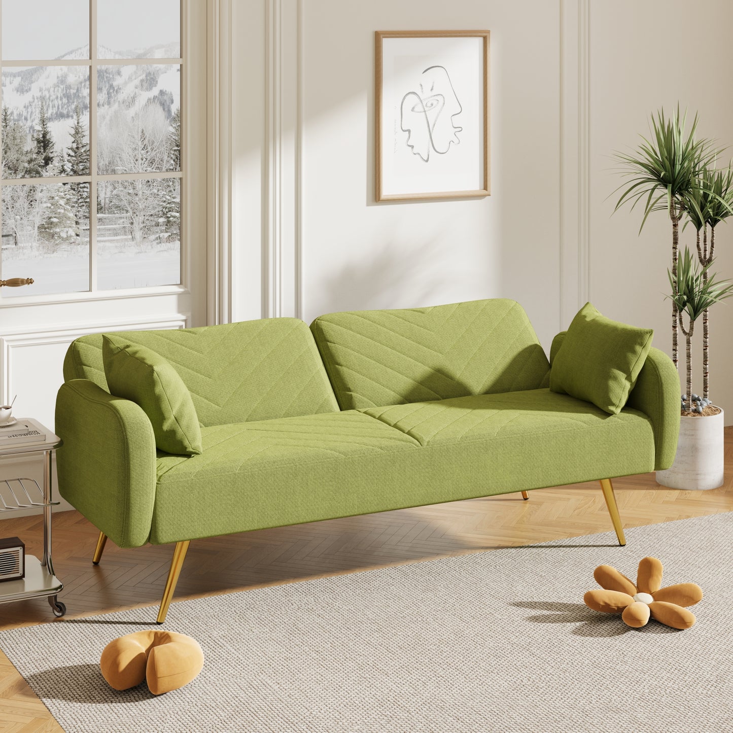 70.47 Green Fabric Double Sofa with Adjustable Split Backrest and Two Throw Pillows