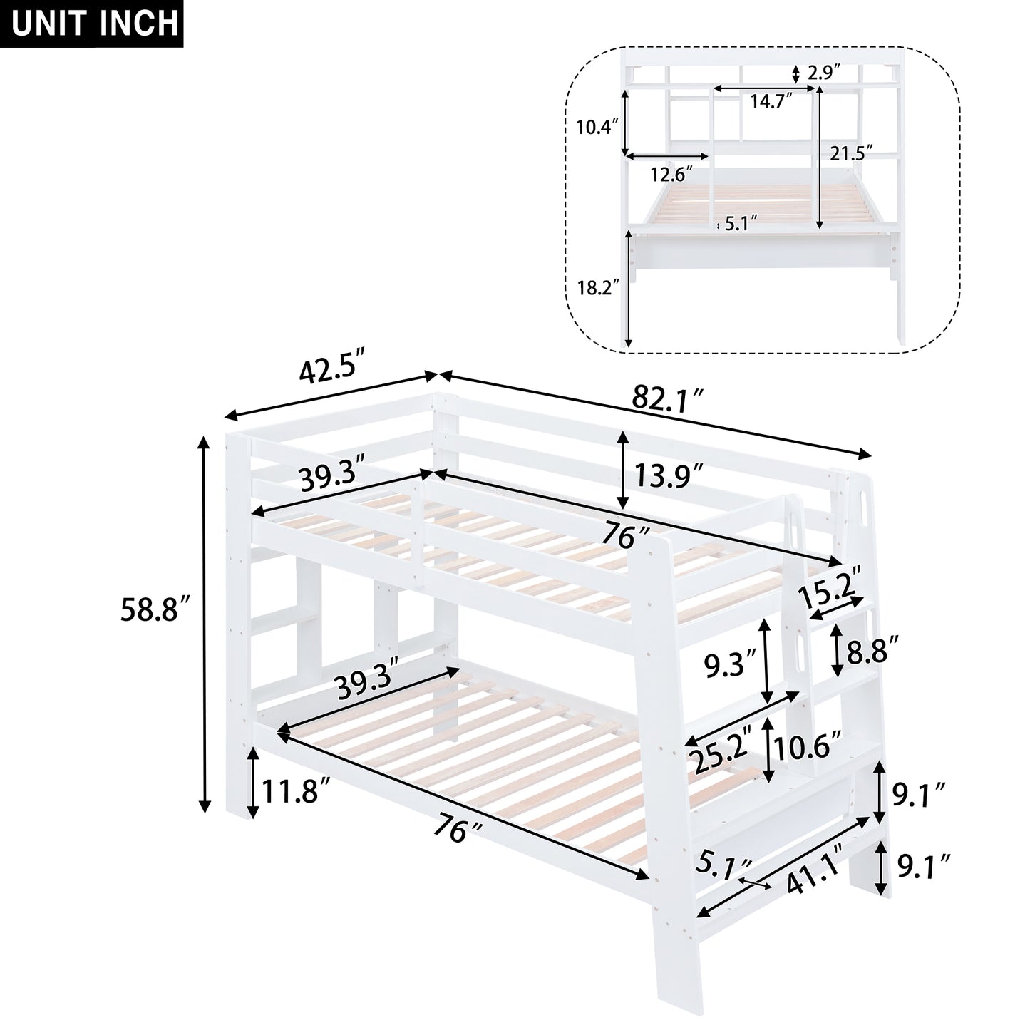 White Bunk Bed with Twin Shelves and Built-in Ladder