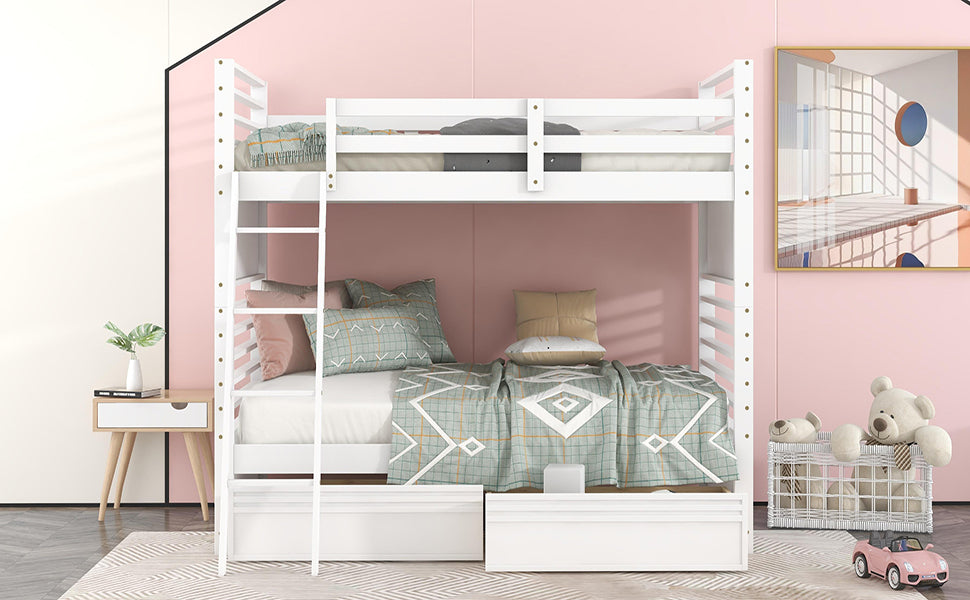 White Twin Bunk Bed with Two Underbed Drawers for Space-Saving Sleepovers