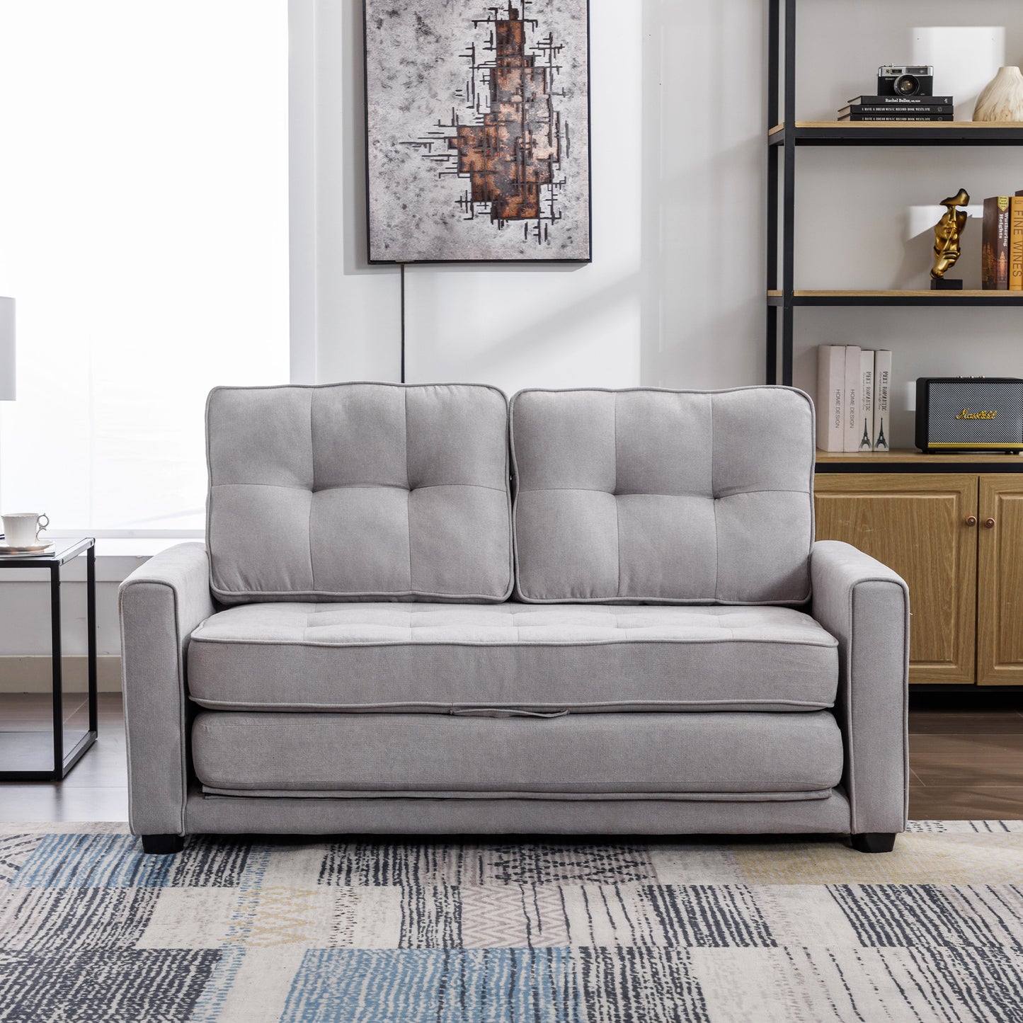 Multifunctional Grey Loveseat Sofa with Pull-Out Bed and Storage Pockets - Modern Upholstered Couch for Living Room and Office