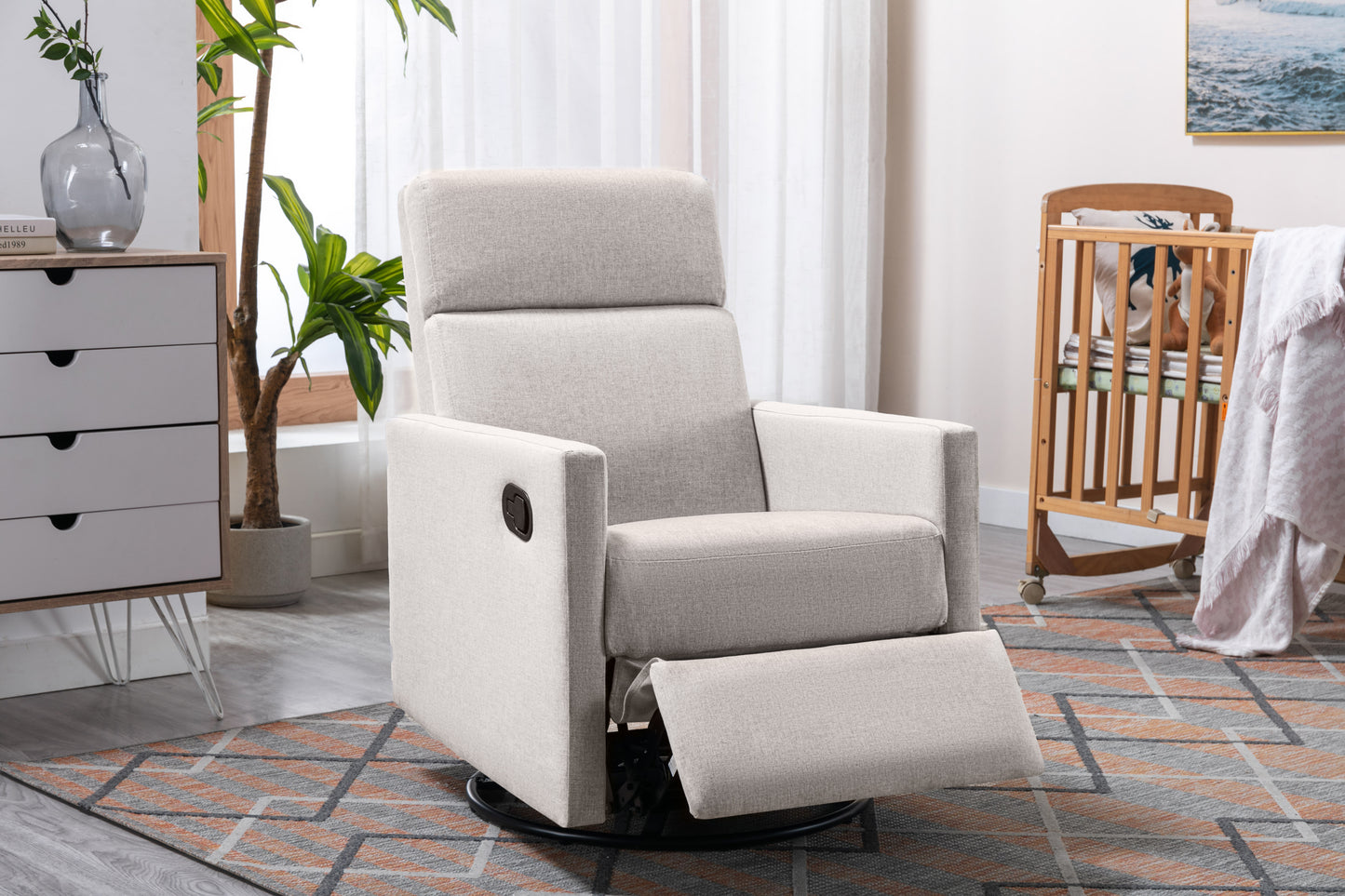 Modern Tan Upholstered Nursery Rocker Chair with Swivel Recliner