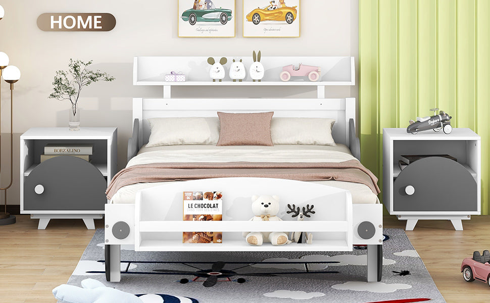 Twin Size Car-Shaped Platform Bed,Twin Bed with Storage Shelf for Bedroom,White