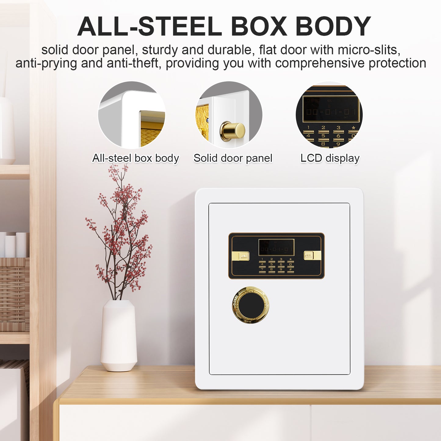 Secure White Safe Box with LCD Display and Versatile Placement Options for Valuables