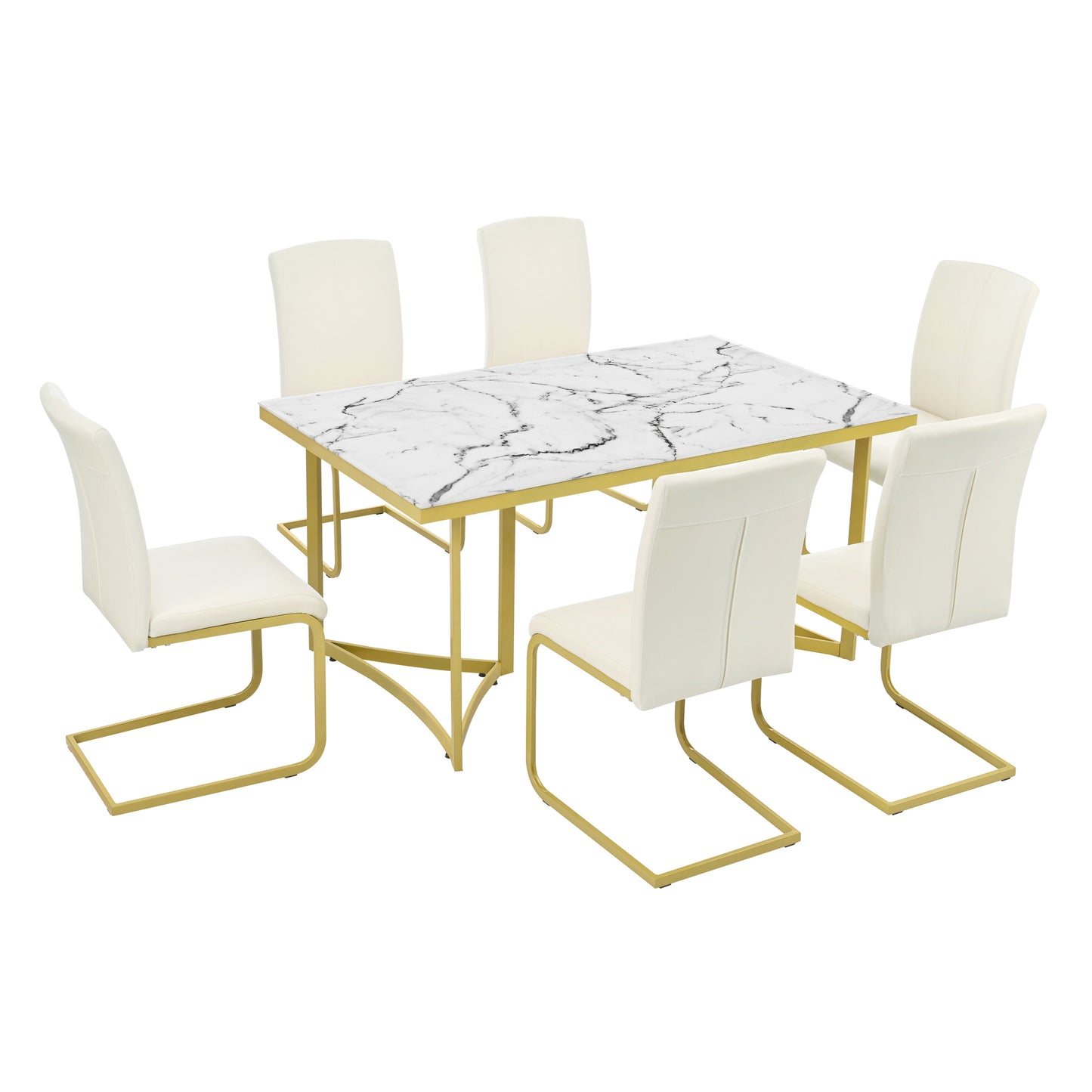 TREXM 7-Piece Modern Dining Table Set, Rectangular Marble Sticker Table and 6 PU Leather Chairs with Golden Steel Pipe Legs for Dining Room and Kitchen (White)