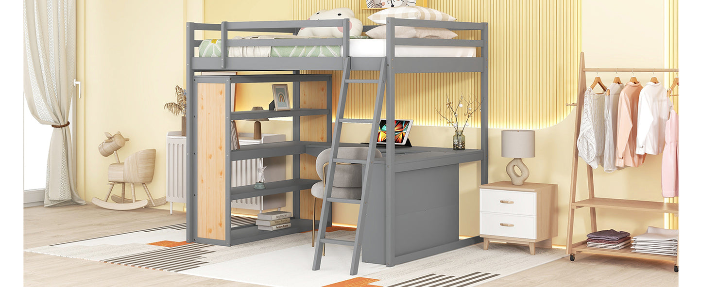 Full Size Loft Bed with Ladder, Shelves, and Desk, Gray