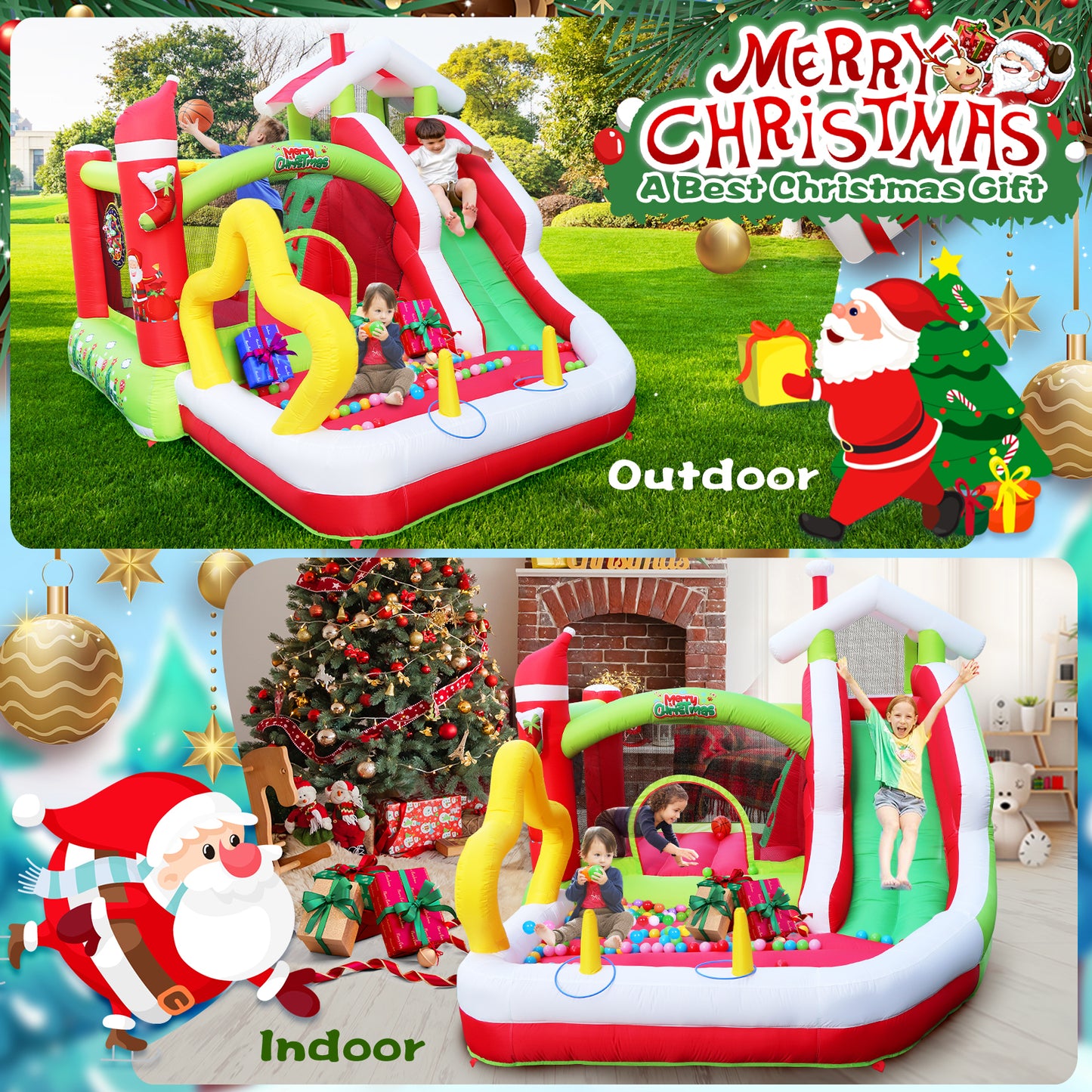 Christmas Joy Inflatable Bouncer with Slide for Kids - Complete Set with Blower