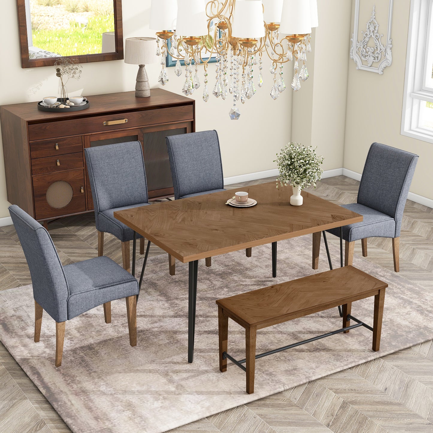 Modern 6-Piece Dining Table Set with V-Shape Metal Legs, Wood Kitchen Table Set with 4 Upholstered Chairs and Bench for 6,Brown