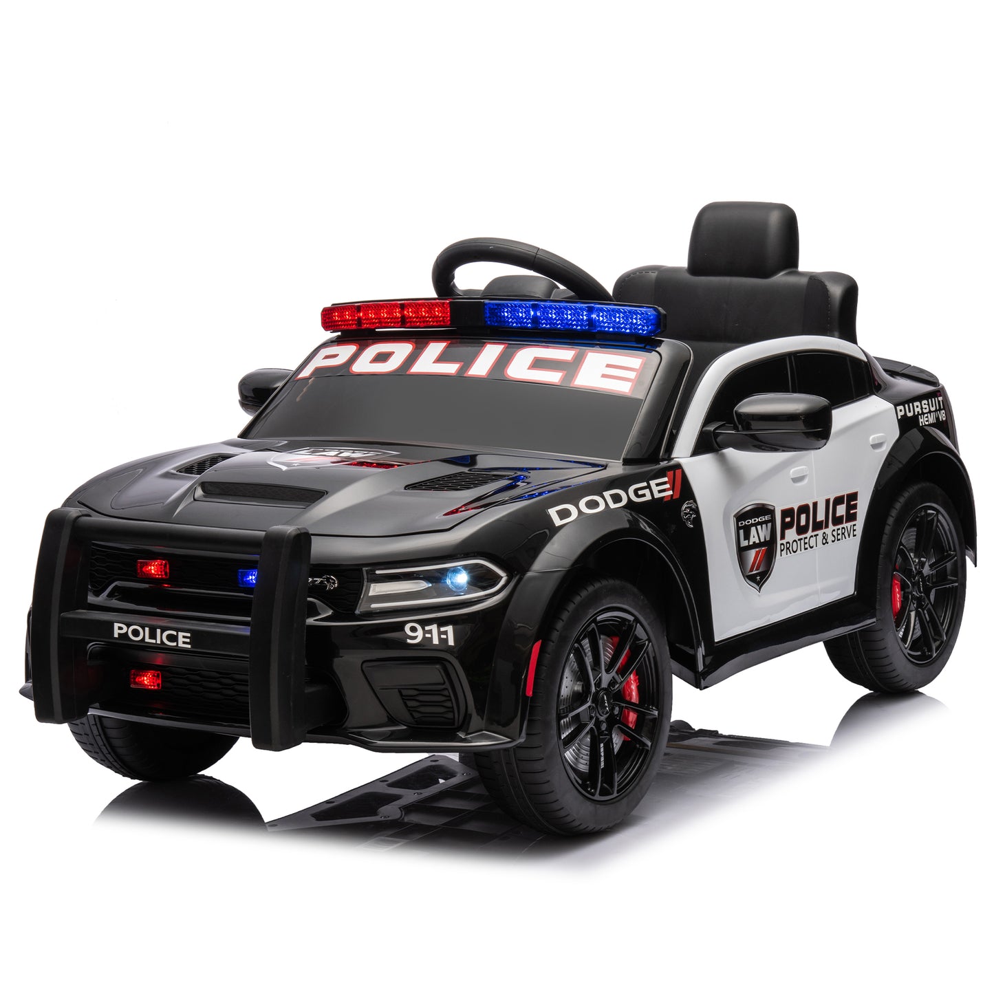 Licensed Dodge Charger,12v Kids ride on police car W/Parents Remote Control,anti-collision bar,Front& top alarm light design,Police car sticker,megaphone,three-speed,slow start,Four wheel suspension.