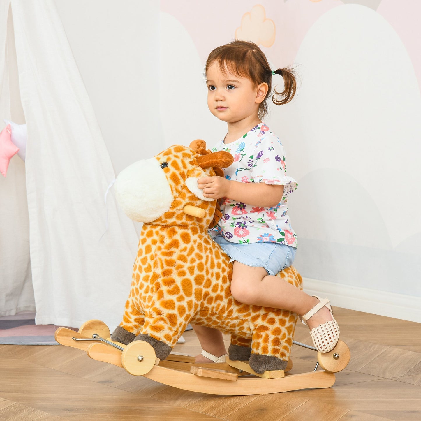 2-in-1 Kids Plush Ride-On Rocking Horse Toy, Giraffe-shaped Plush Rocker with Realistic Sounds for Children 3 to 6 Years, Yellow