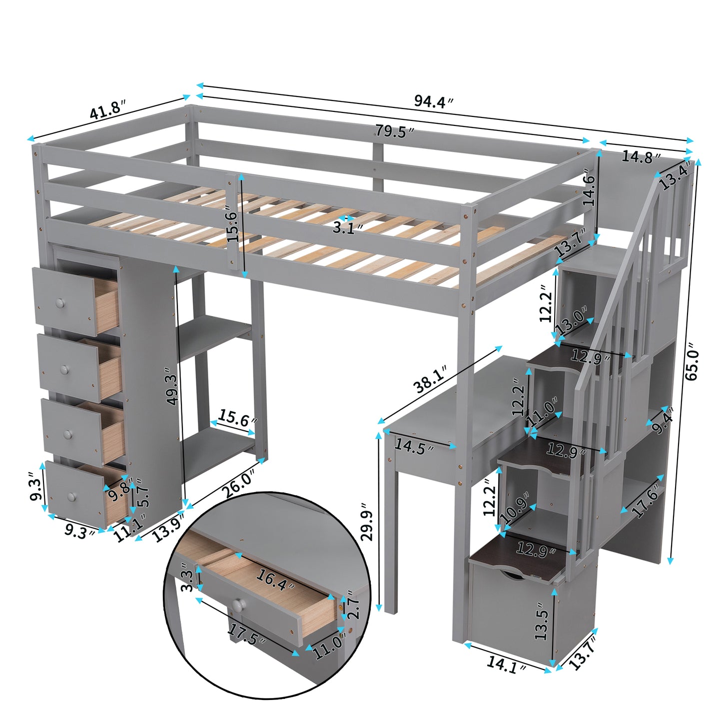 Twin size Loft Bed with Storage Drawers ,Desk and Stairs, Wooden Loft Bed with Shelves - Gray