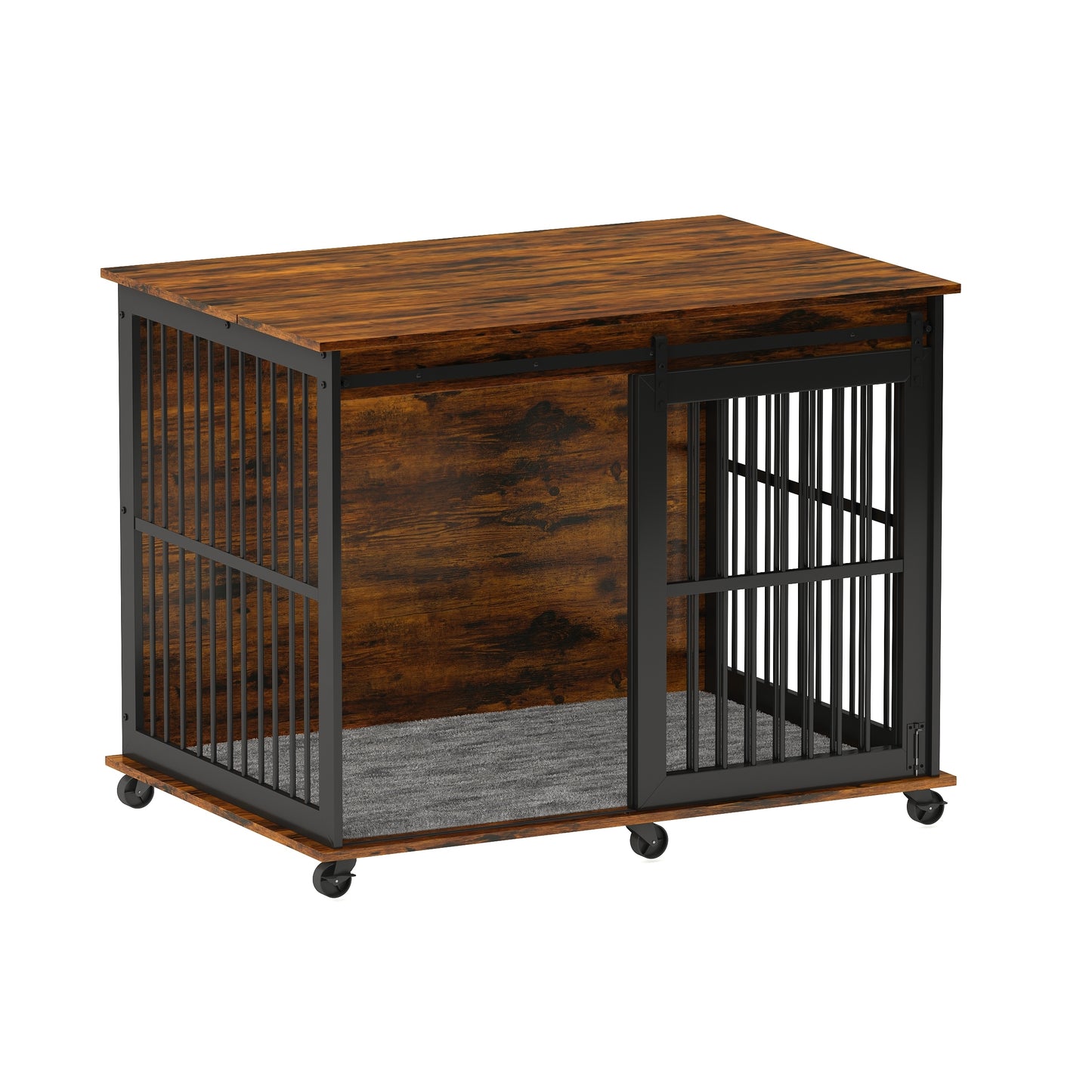 Furniture dog crate sliding iron door dog crate with mat. (Rustic Brown,43.7''W x 30''D x 33.7''H).