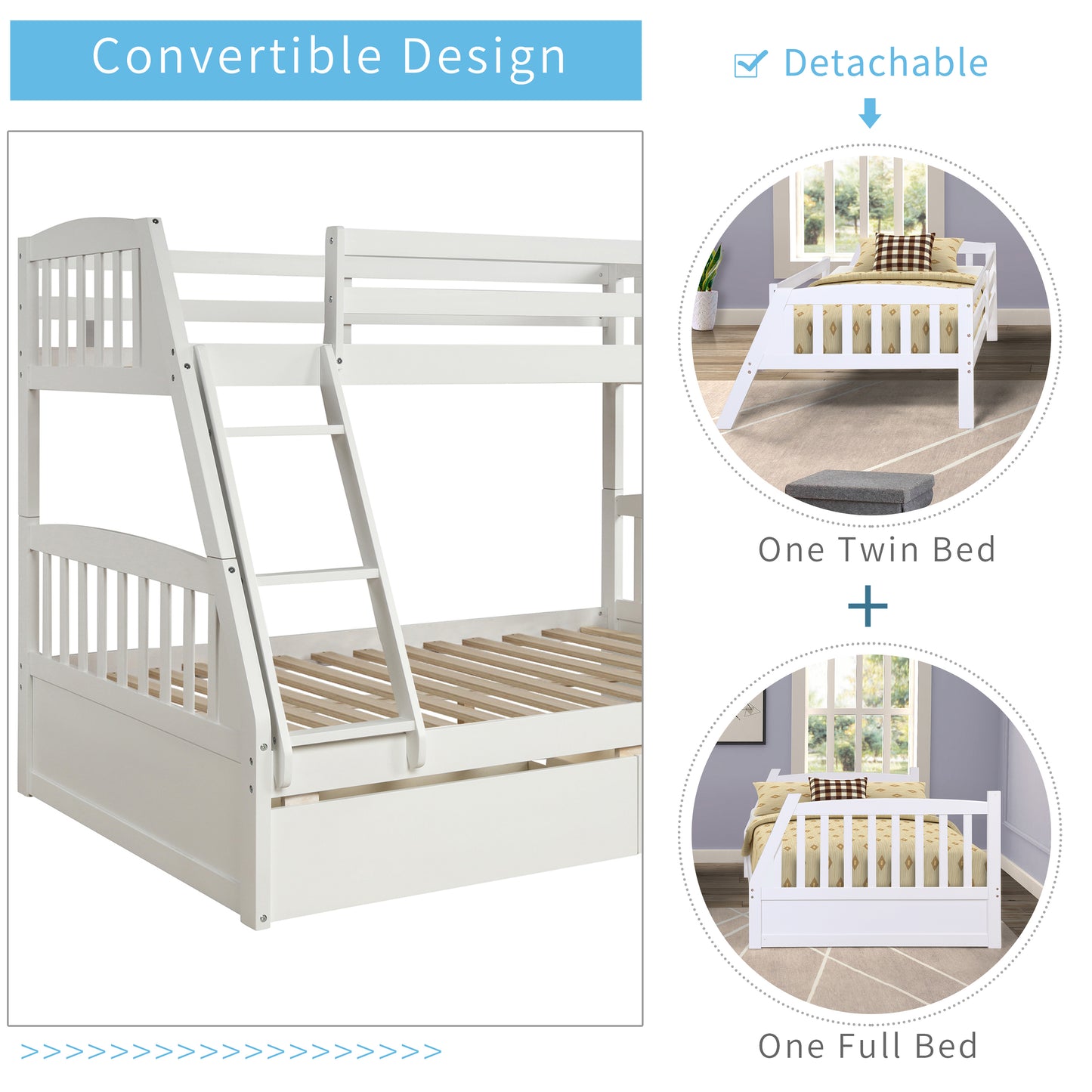 Solid Wood White Twin Over Full Bunk Bed with Two Storage Drawers