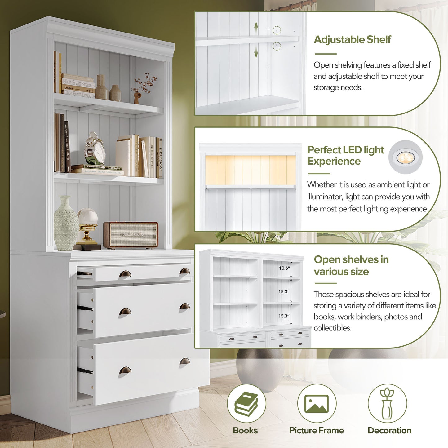 Modern White 83.4 Bookshelf and Writing Desk Suite with LED Lighting and Drawers