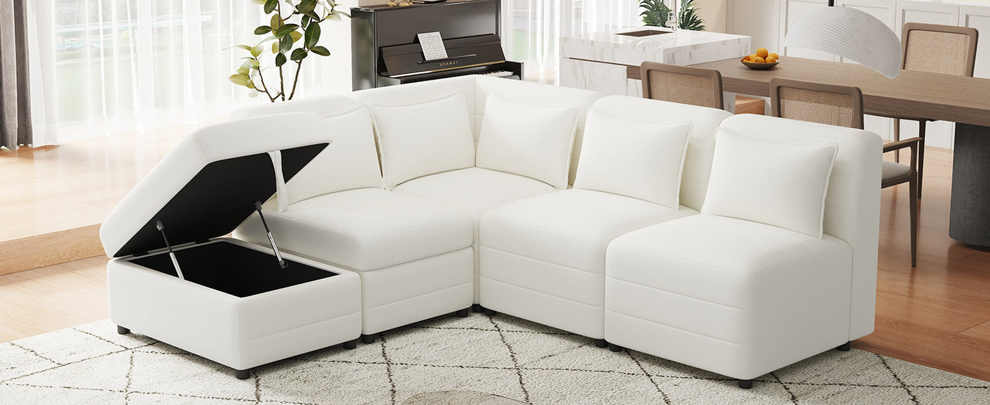 Cream 5-Seater Modular Sectional Sofa with Storage Ottoman and 5 Pillows