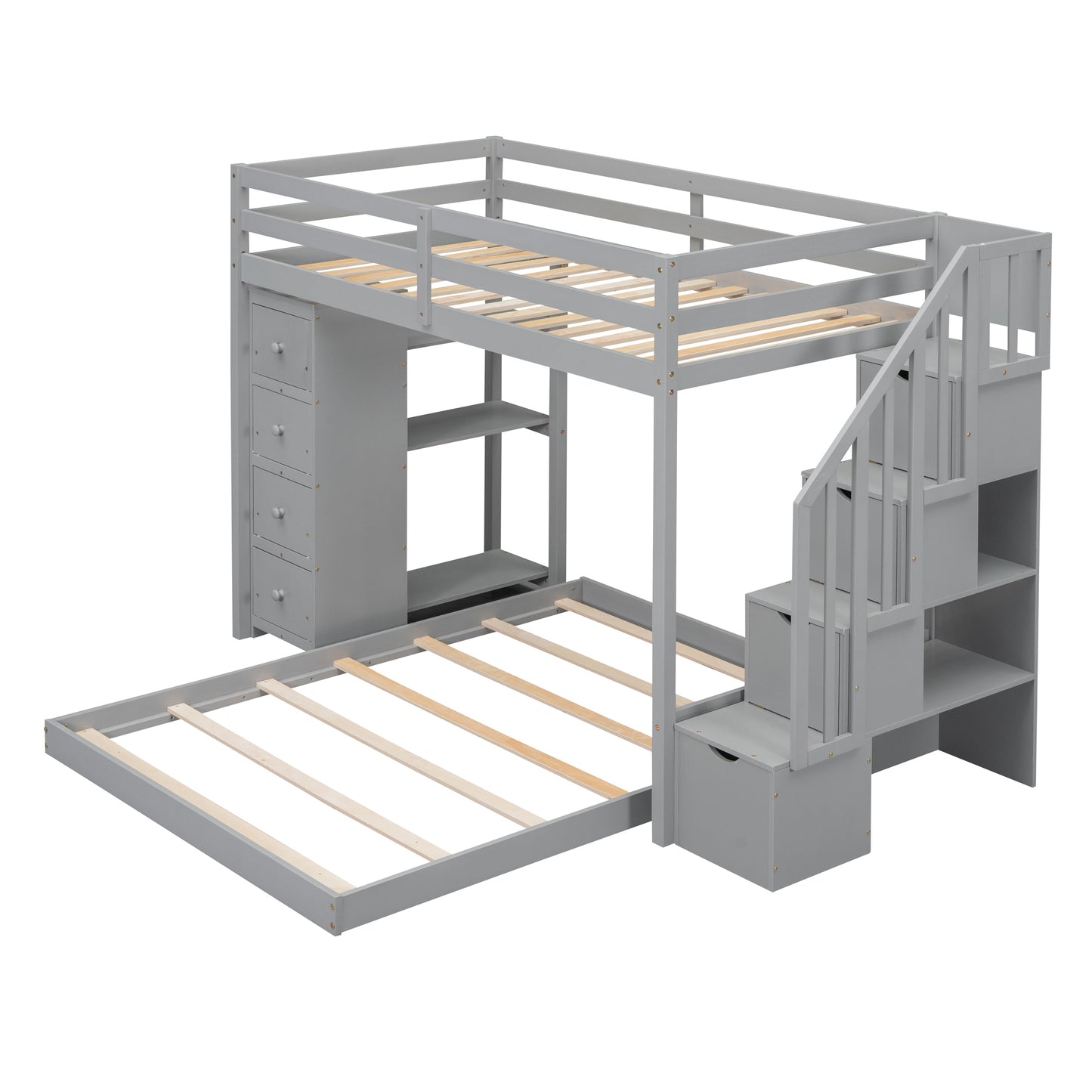 Space-Saving Gray Bunk Bed with Storage Stairs and Versatile Features