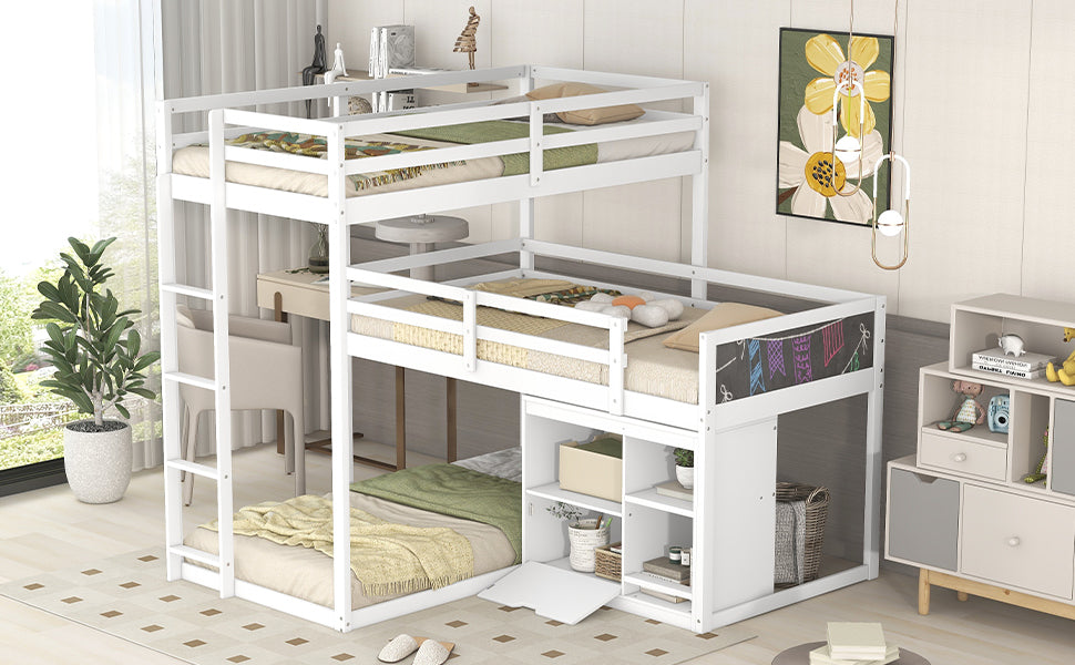 L-Shaped Triple Bunk Bed with Storage Cabinet, Blackboard, and White Finish - Innovative Space-Saving Solution