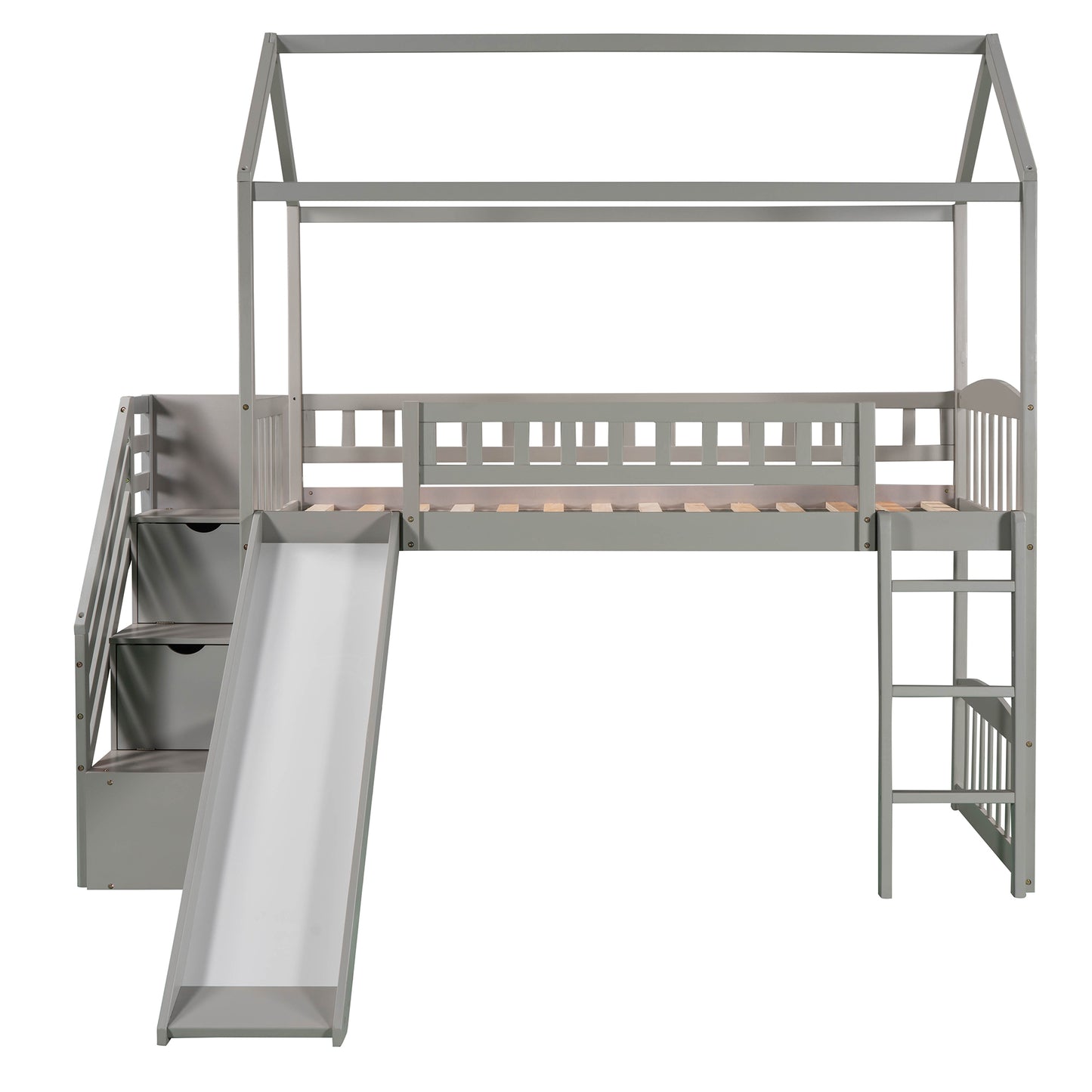 Twin Loft Bed with Two Drawers and Slide, House Bed with Slide, Gray