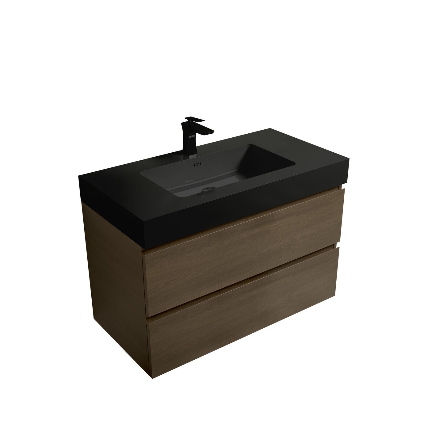 U045-Alice36-111 Alice 36" Dark Oak Bathroom Vanity with Black Sink, Large Storage Wall Mounted Floating Bathroom Vanity for Modern Bathroom, One-Piece Black Sink Basin without Drain and Faucet