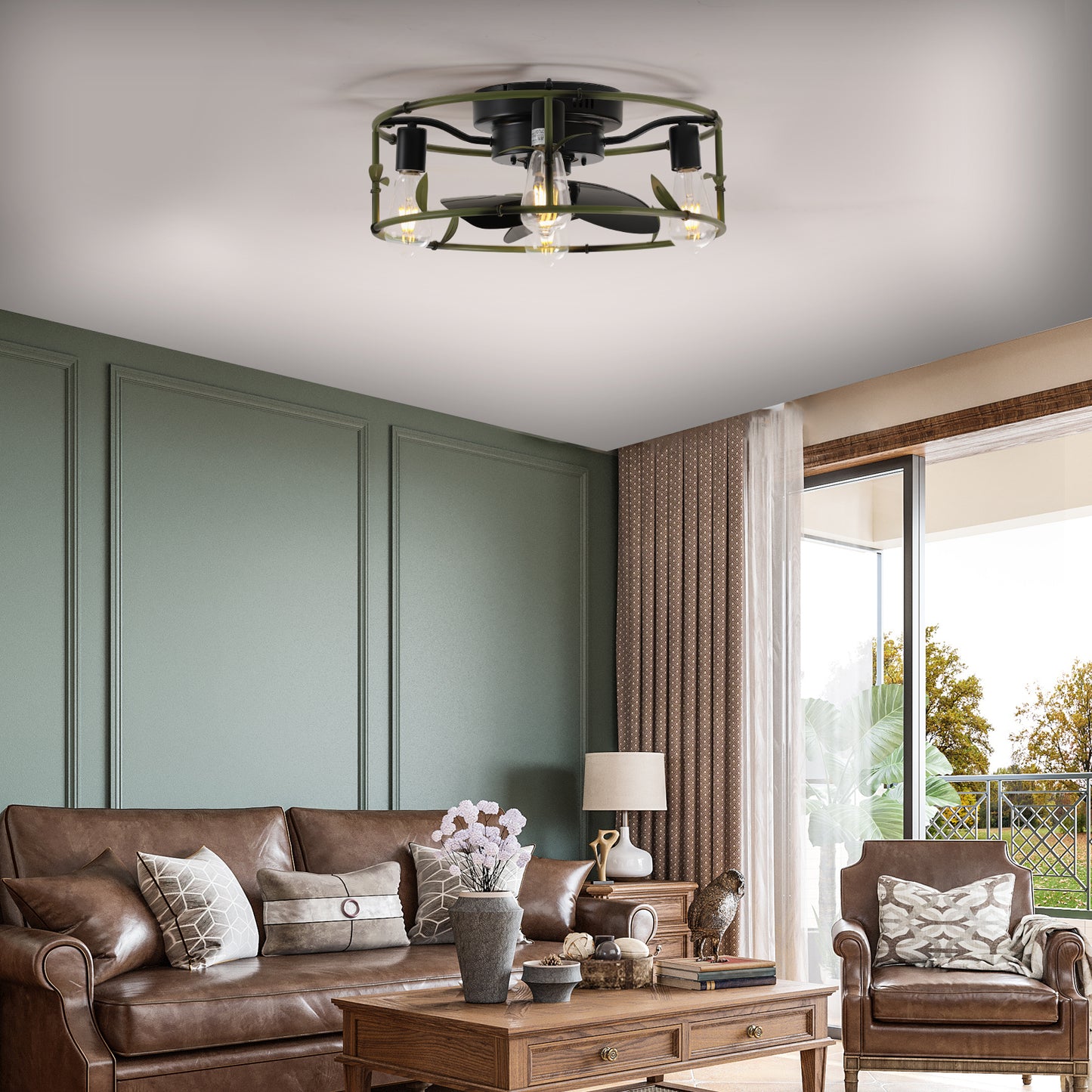 Modern Green Caged Ceiling Fan with Lights and Remote Control