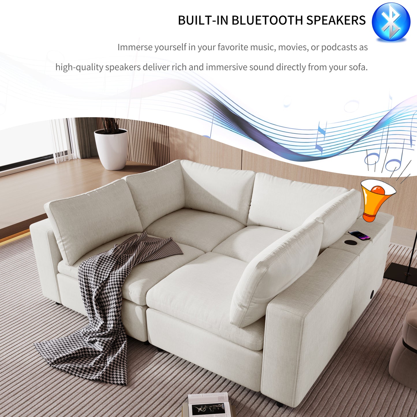 U-style Upholstered Modular Sofa with USB Charge Ports,Wireless Charging and Built-in Bluetooth Speaker in Arm,Sectional sofa for Living Room Apartment(4-Seater)